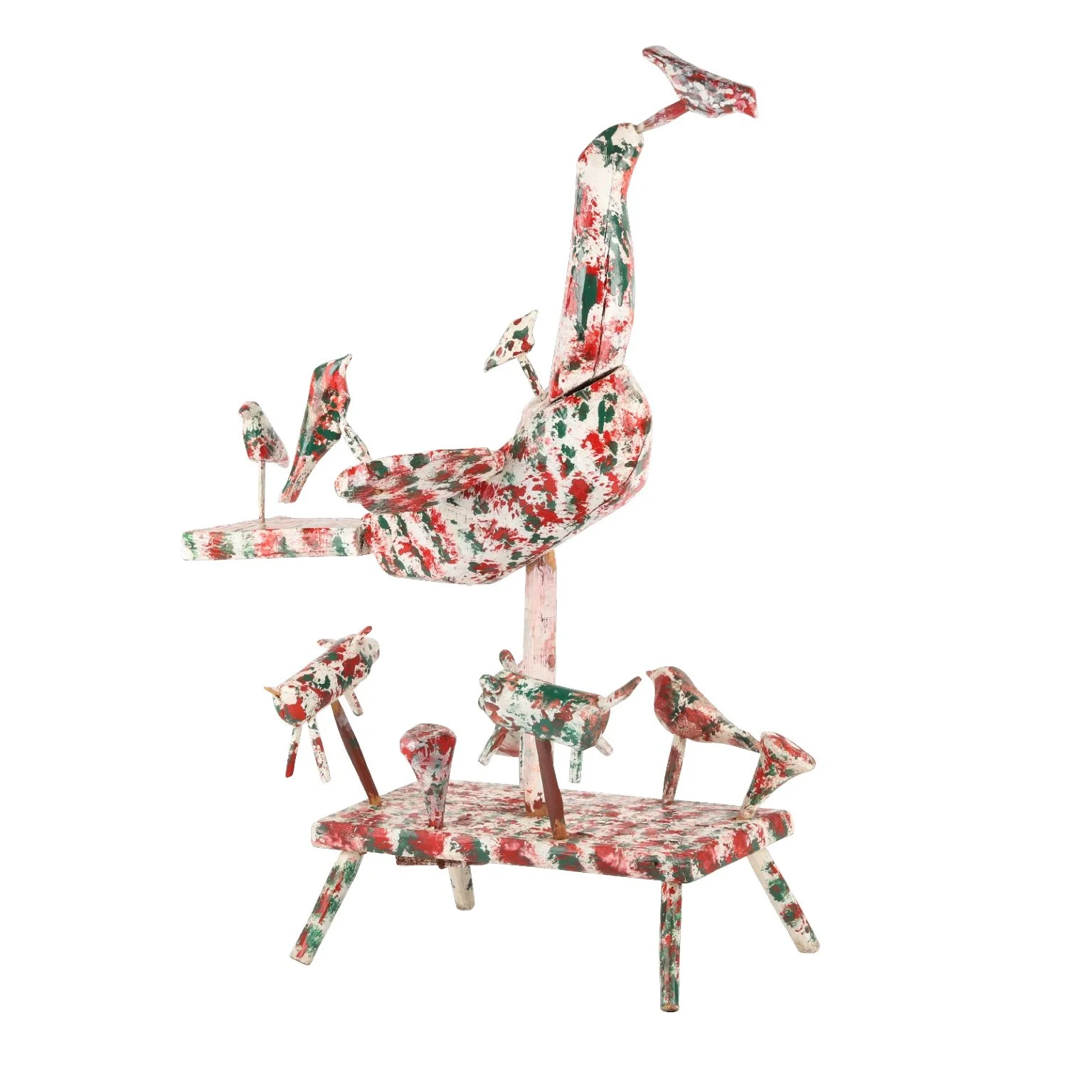 Circa 1970 folk art carving by Edmond Chatigny (Quebec, 1895-1985), 28 inches tall, the main theme being a white bird daubed in green and red paint (est. CA$3,000-$5,000).