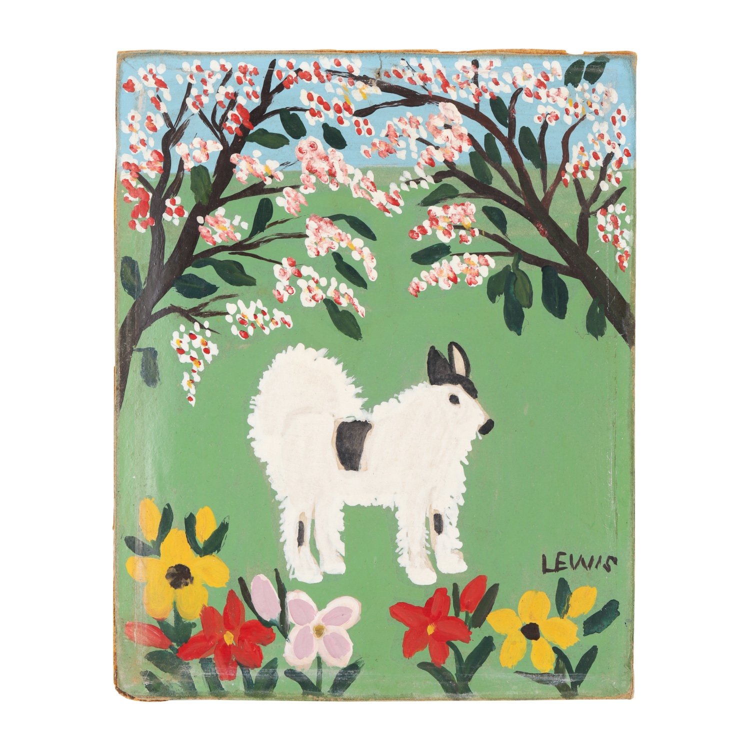 Circa 1950s mixed media on scrap cardboard painting by Canadian folk artist Maud Lewis (1903-1970), titled Dog Beneath Cherry Trees (CA$32,450).