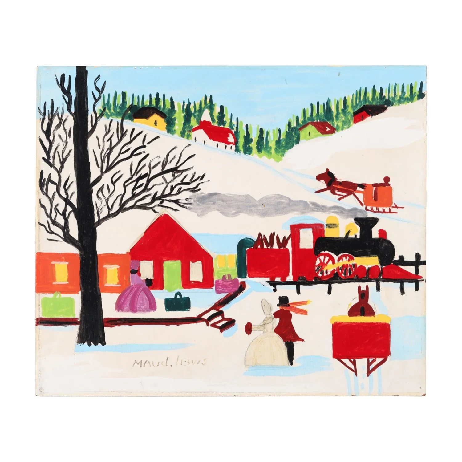 Circa 1967-1967 mixed media on Masonite painting by Canadian folk artist Maud Lewis (1903-1970), titled Train Station (CA$27,140).