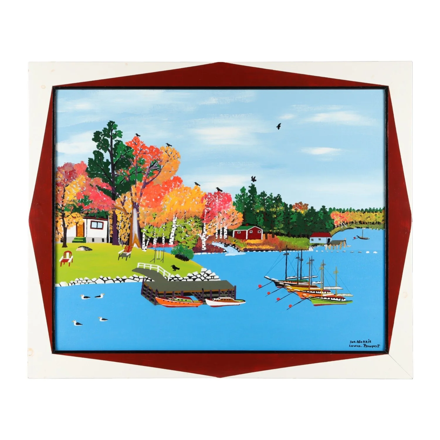 1995 enamel on board painting by Canadian folk artist Joe Norris (1924-1996), titled Boat Landing (CA$17,700).