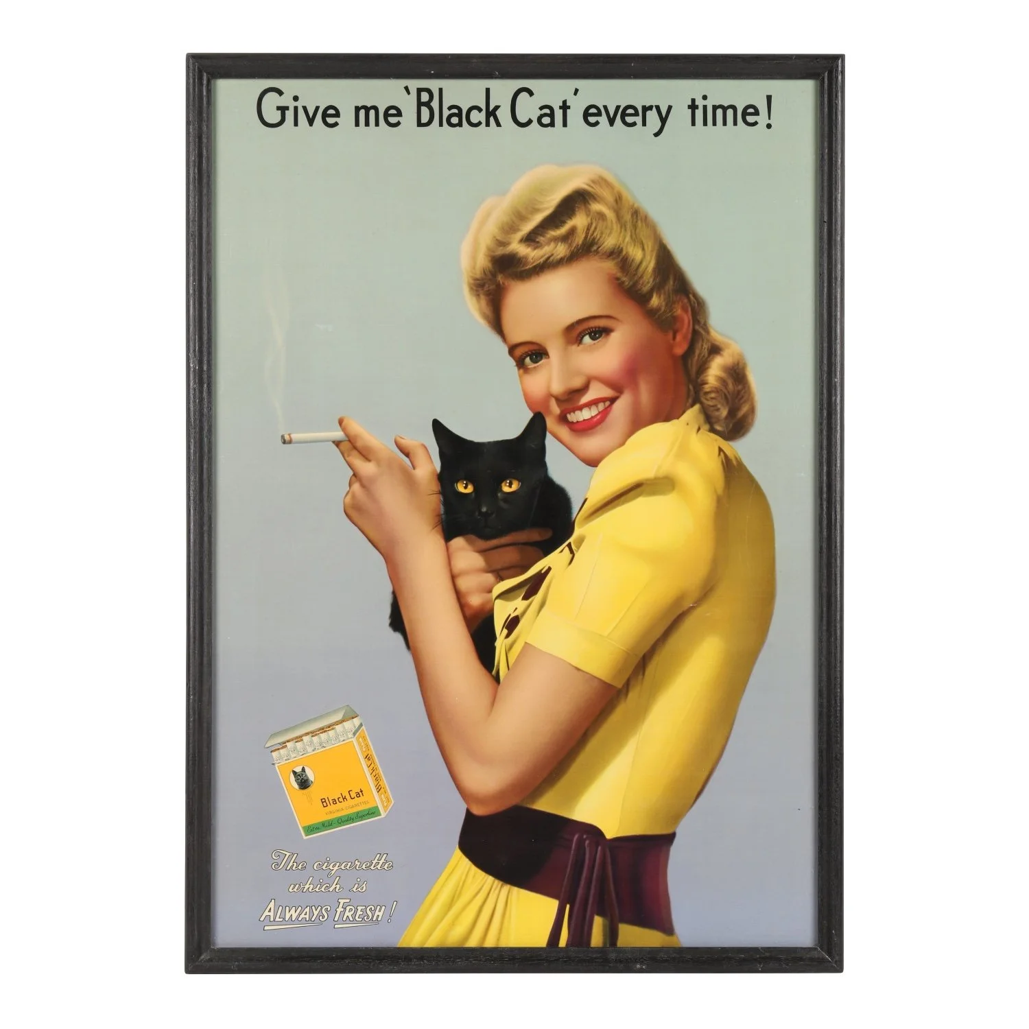 This Canadian Black Cat Cigarettes lithographed paper poster from the 1940s in the original frame, 27 inches by 19 ½ inches, has an estimate of CA$600-$900.