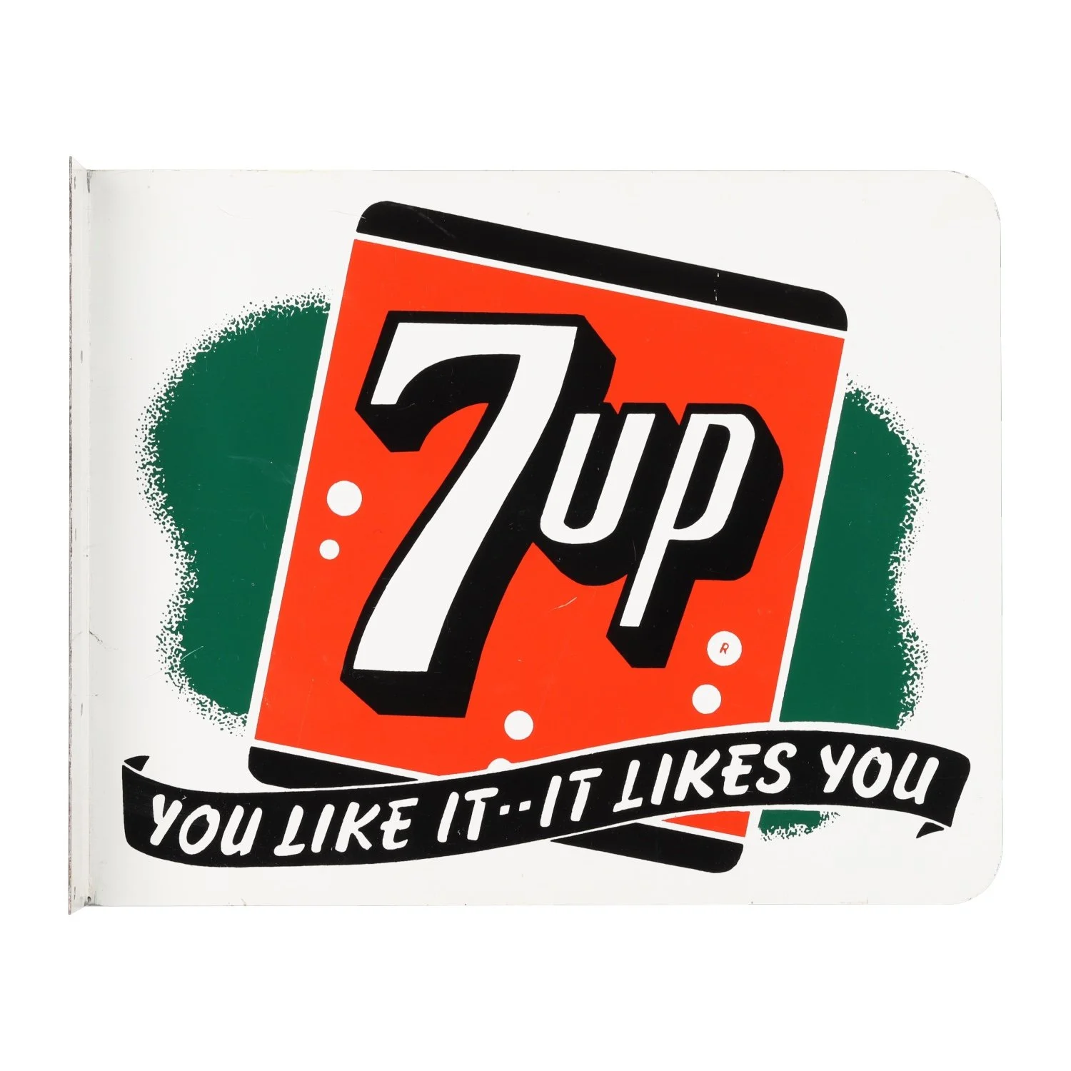This colorful Seven-Up double-sided tin flange sign (American, 1950s, “You Like It, It Likes You”), measuring 10 inches by 12 ½ inches, should find a new home for CA$700-$900.