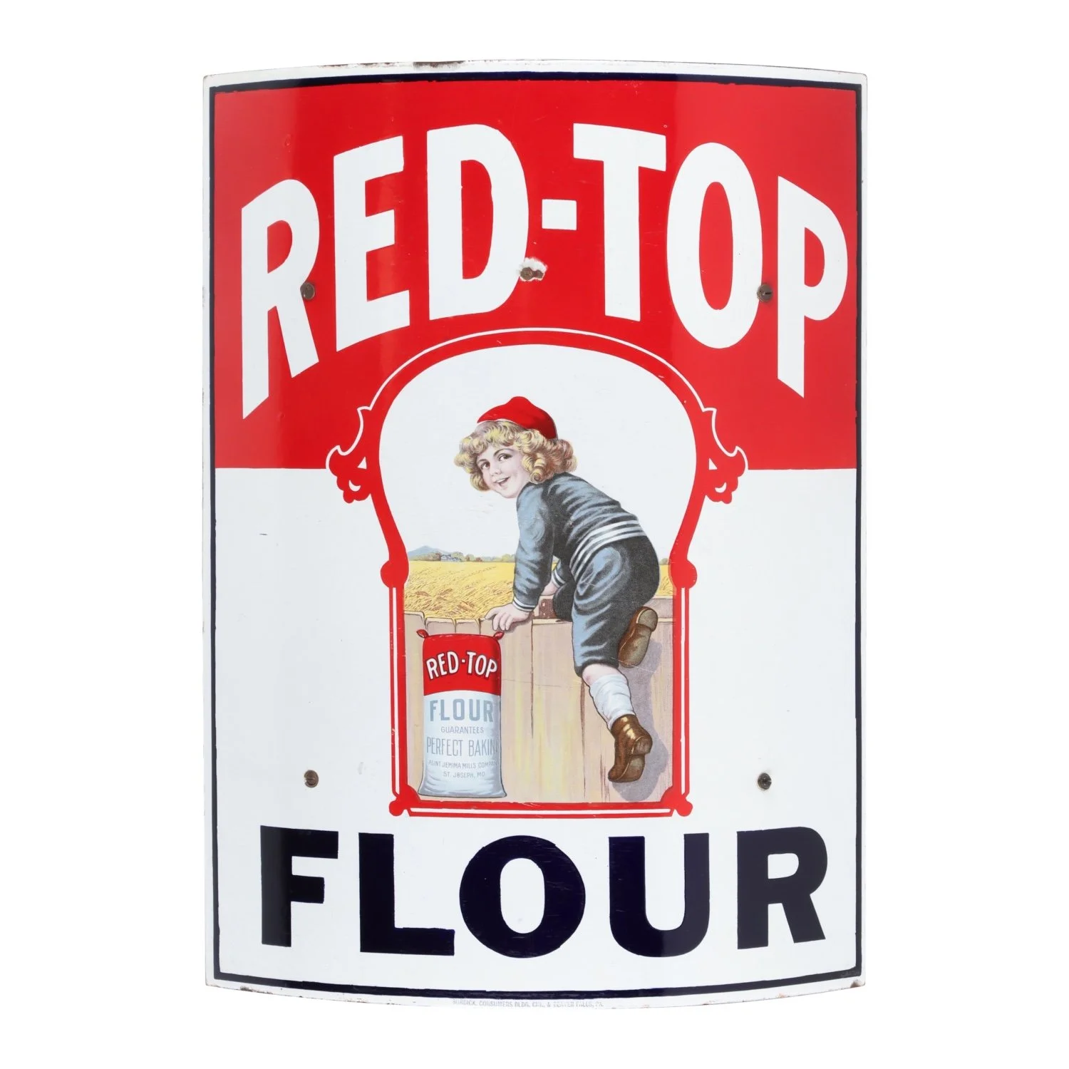 Red Top Flour single-sided porcelain ‘convex’ sign from the 1920s, in excellent condition, with a detailed image seldom seen on porcelain signs, 22 inches by 18 ¼ inches. (CA$10,620)
