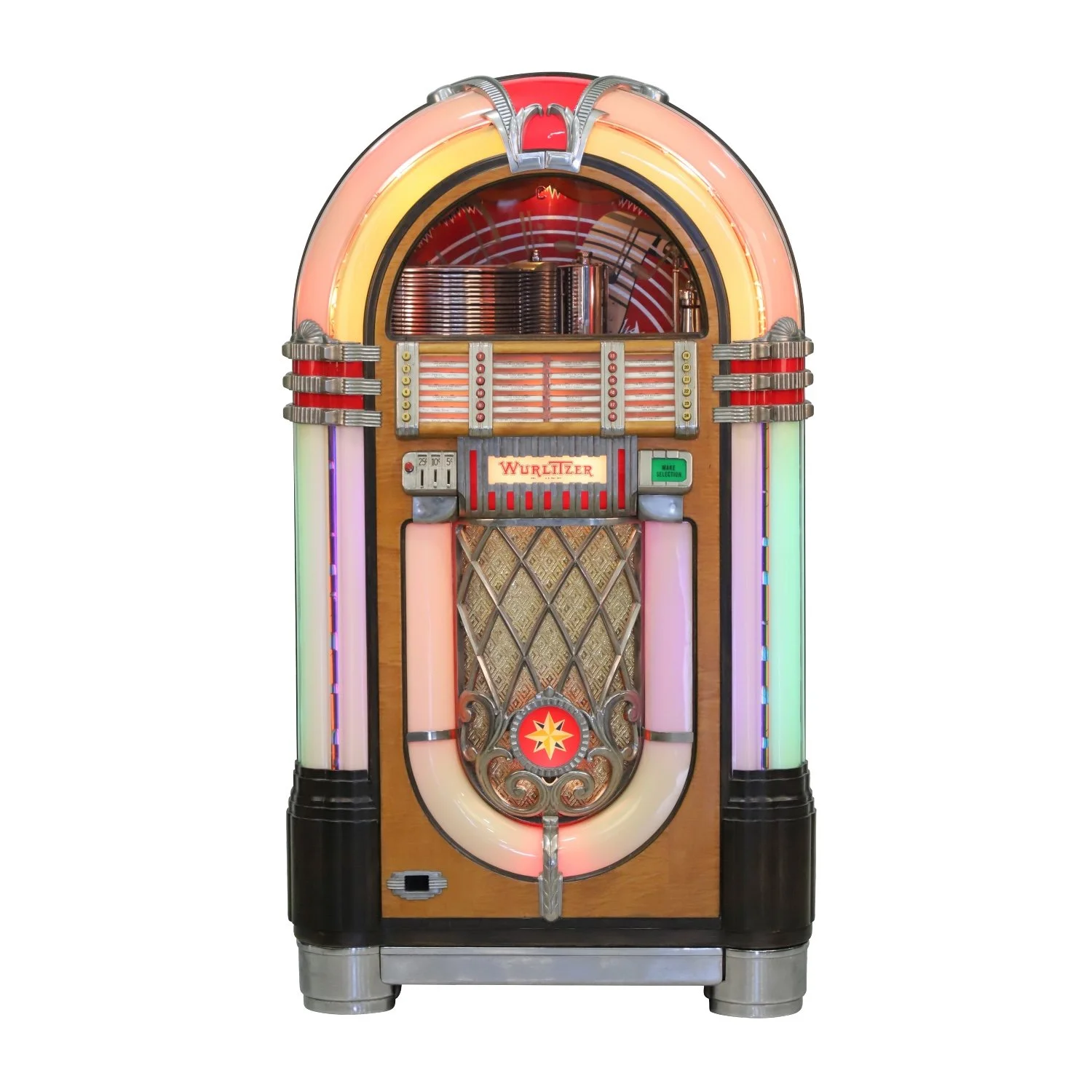 1946 Wurlitzer model 1015 jukebox, 59 inches tall, housed in a veneer case, an exceptionally clean original example including a selection of records, mostly Elvis originals (CA$8,850).