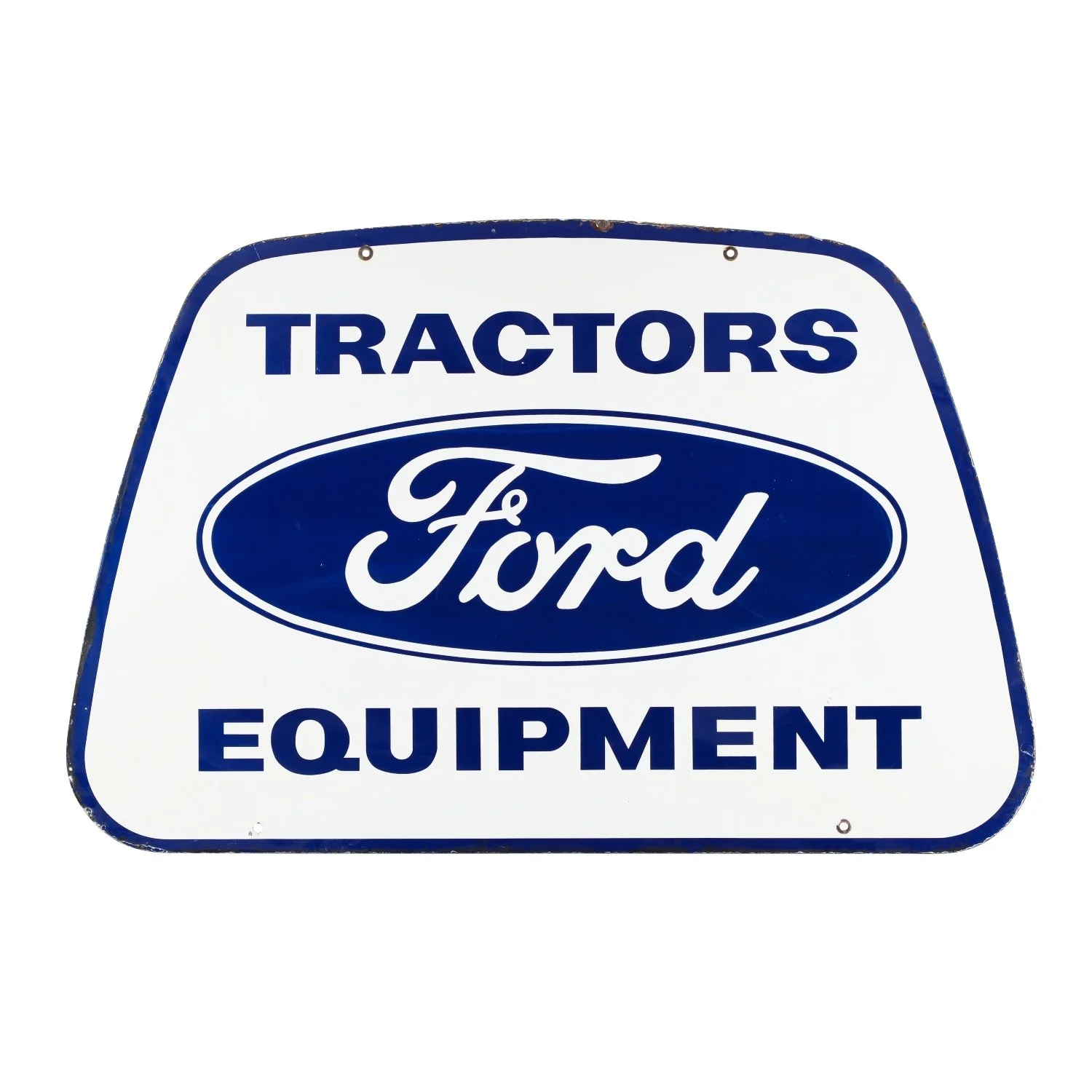 Made-in-America 1950s Ford Tractors &amp; Equipment Dealer double-sided porcelain die-cut sign, measuring 28 ½ inches in height by 42 ½ inches wide (CA$8,850).