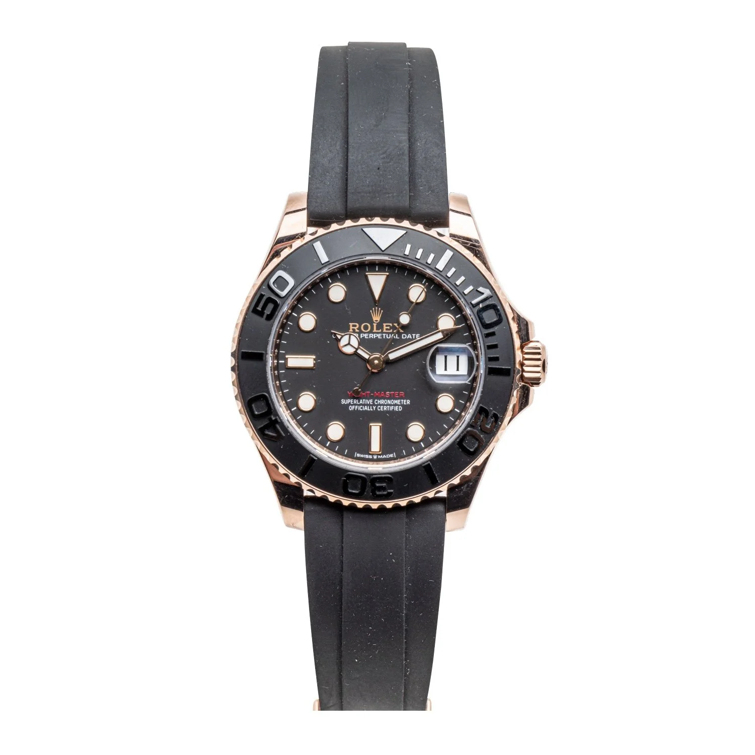 Circa 2022 Rolex Ref. 268655 Yacht-Master wristwatch with Oysterflex strap, luxurious 18kt Everose gold case, black ceramic bezel and rose gold details (est. CA$27,500-$32,500).
