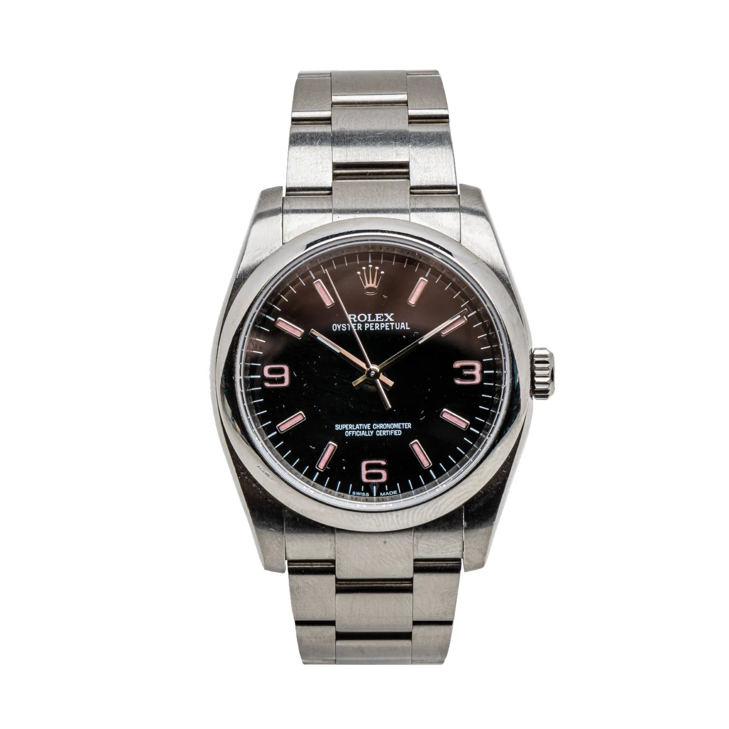 This Rolex Oyster Perpetual wristwatch (Ref. 116000) having a black dial with pink indices and Arabic numbers and fitted with an oyster bracelet, knocked down for CA$8,850.