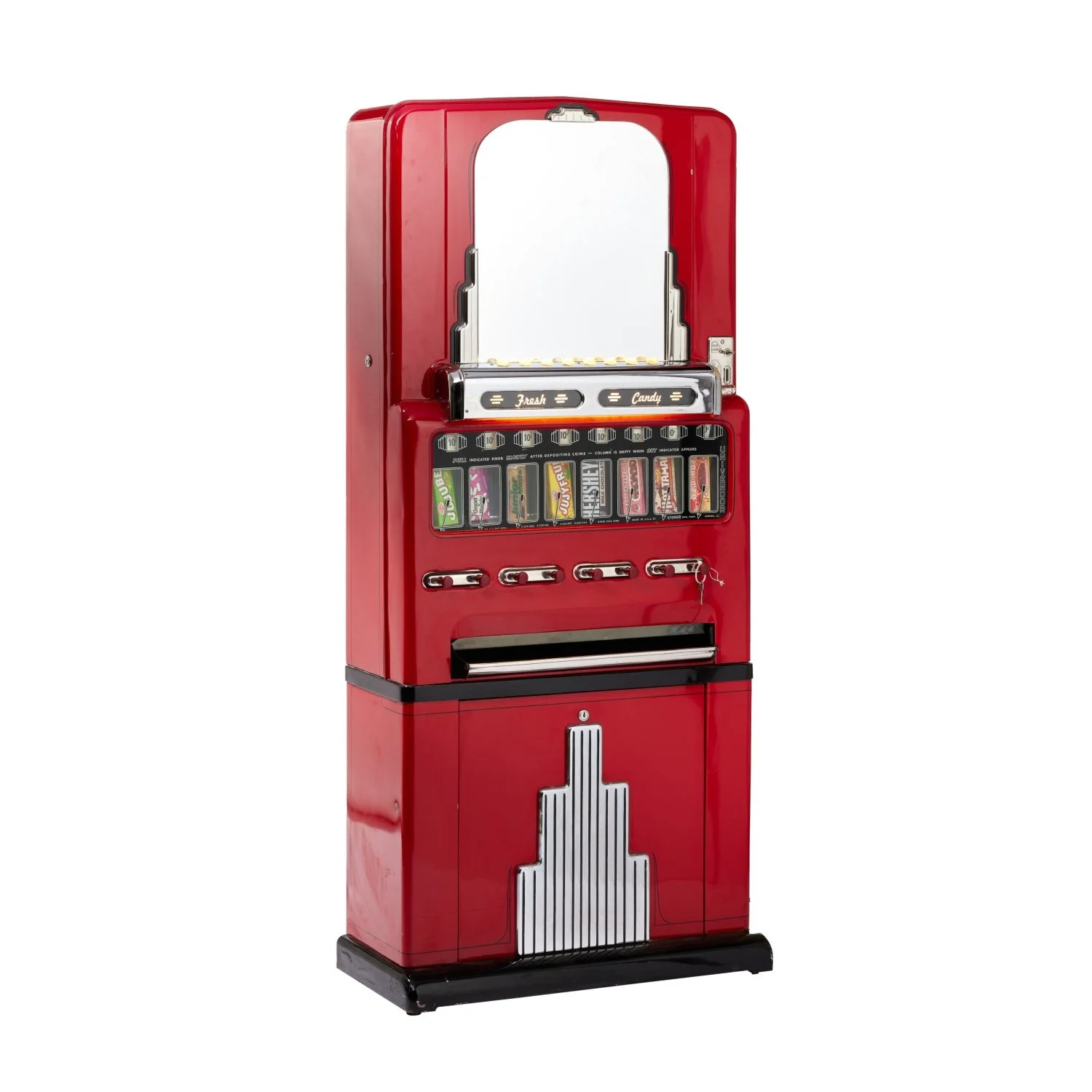Stoner Mfg. Co. ‘Univendor’ Confectionery Vendor candy machine (American, 1930s), 66 ½ inches tall, with Art Deco styling, the desirable "Theater Model" (CA$10,030).