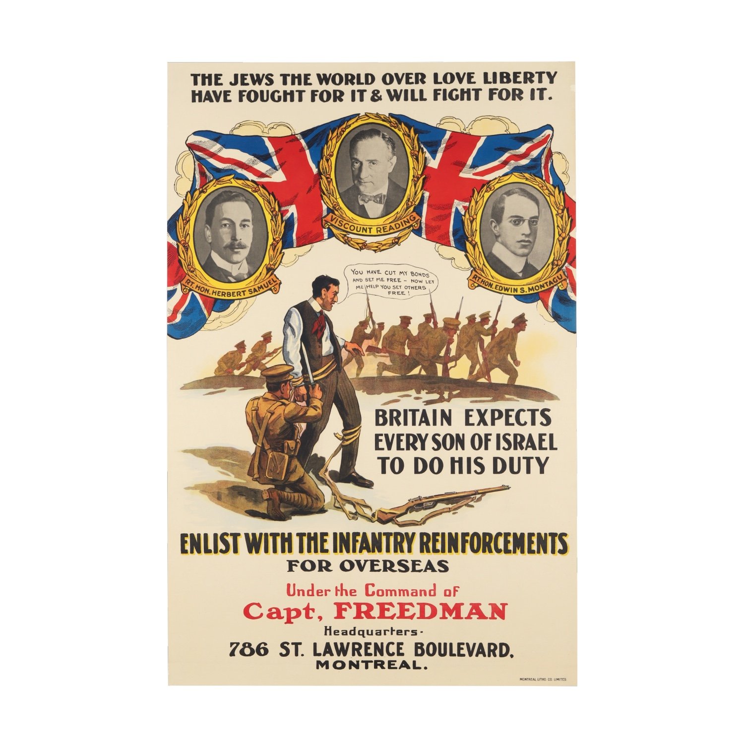 World War I The Jews the World Over Love Liberty lithograph poster (Canadian, 1914-1916), 40 ½ inches by 27 ½ inches, an important historical Judaica poster (CA$7,080).