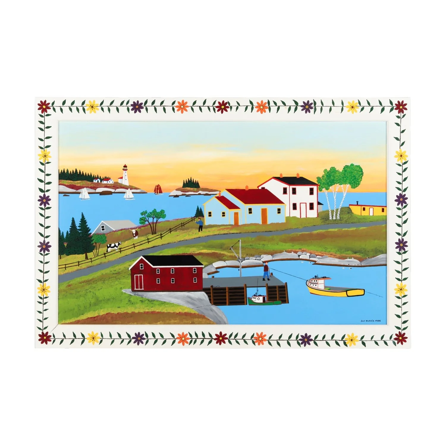 Vibrant enamel on wood coastal village with lighthouse painting signed by Joe Norris (Nova Scotia, 1924-1996), housed in its original flower frame as created by Norris (CA$30,680).