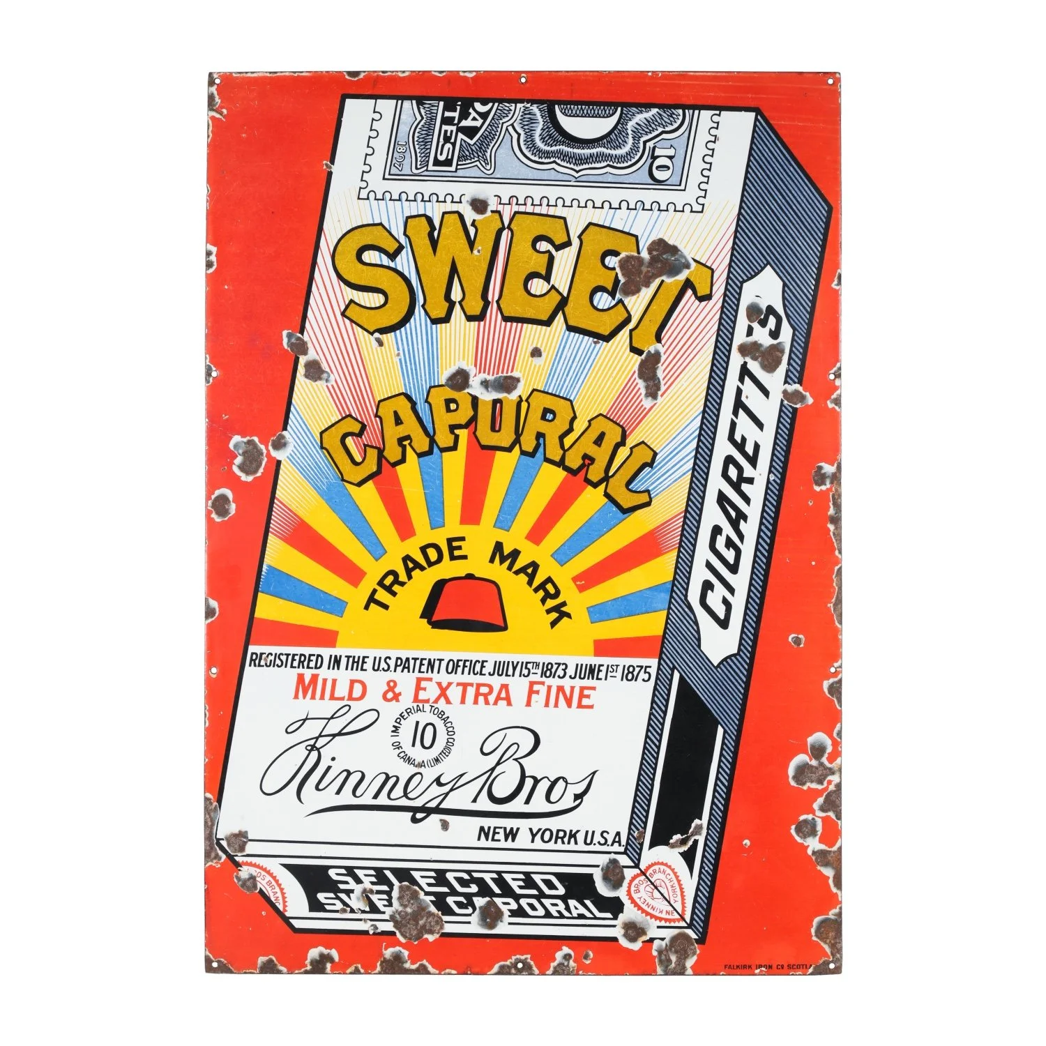 1920s Sweet Caporal Cigarettes single-sided porcelain sign made for the North America market in Scotland with a full frame image of a package of cigarettes (est. CA$3,500-$5,000).