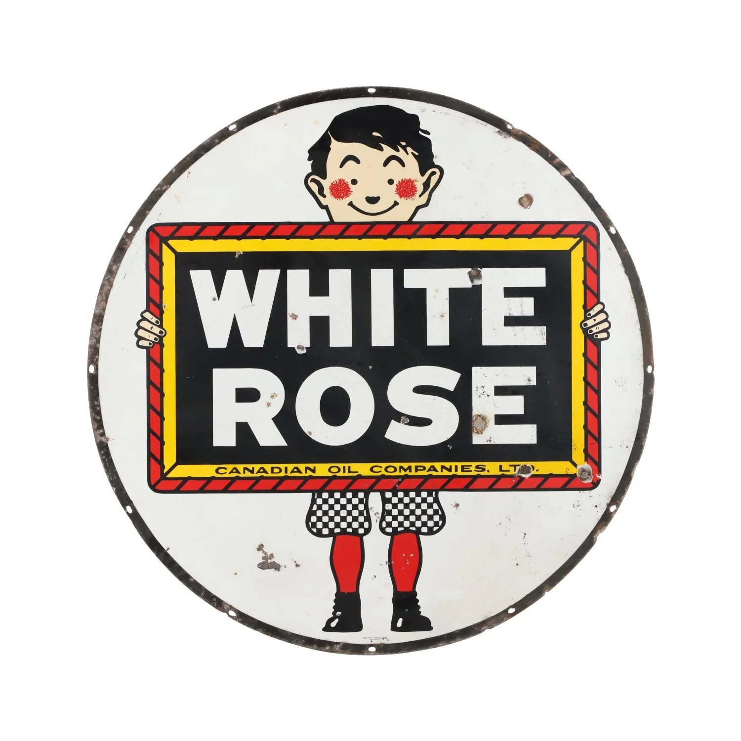 1940s Canadian White Rose “Slate Boy” double-sided porcelain service station sign, impressive at four feet in diameter and featuring “Boy and Slate” graphic (CA$17,700).