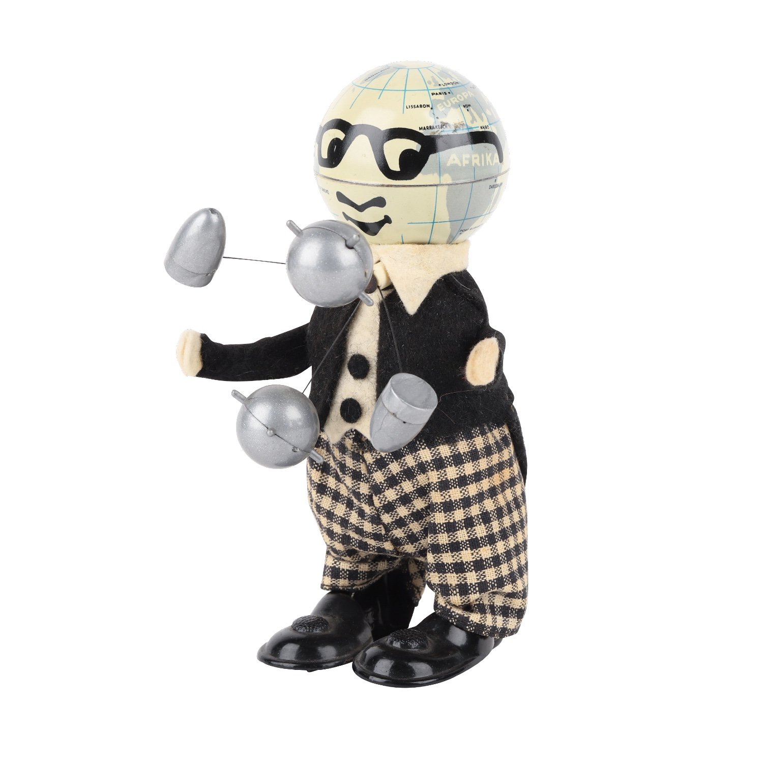 1950s Schuco No. 967 Mister Atom tin and cloth juggling toy with wind-up tin plate globe head, juggling plastic satellites and plastic feet, 5 feet tall, tested and working (CA$1,888). 