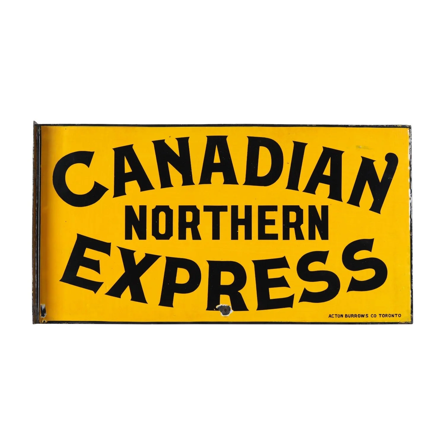 Canadian Northern Express double-sided porcelain flange sign from the 1910s, very rare, 14 inches by 26 ¼ inches and marked, “Acton Burrows Co. Toronto” (est. CA$2,000-$3,000).