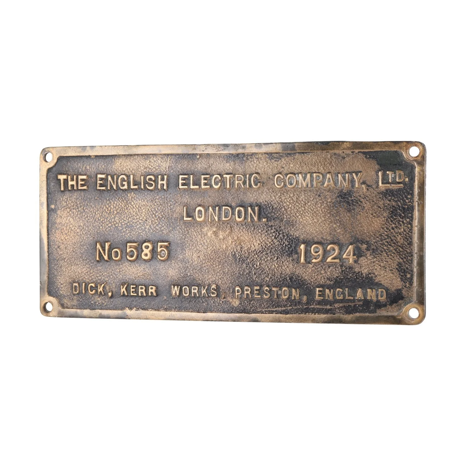 One of the sleepers of the sale was this brass English Electric Company locomotive builder’s plate #585 (Canadian, 1924). The train was removed from service in 1973 (CA$6,490).