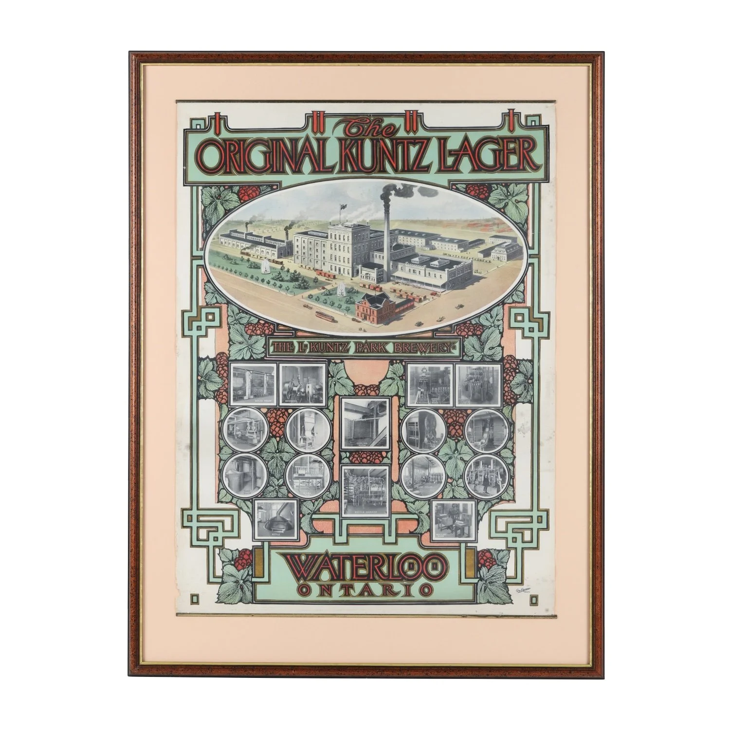 Kuntz Park Brewery (Waterloo, Ontario factory) lithograph from the early 1900s, matted and professionally framed, marked "Grip Engravers Toronto" to lower right corner (CA$4,425).