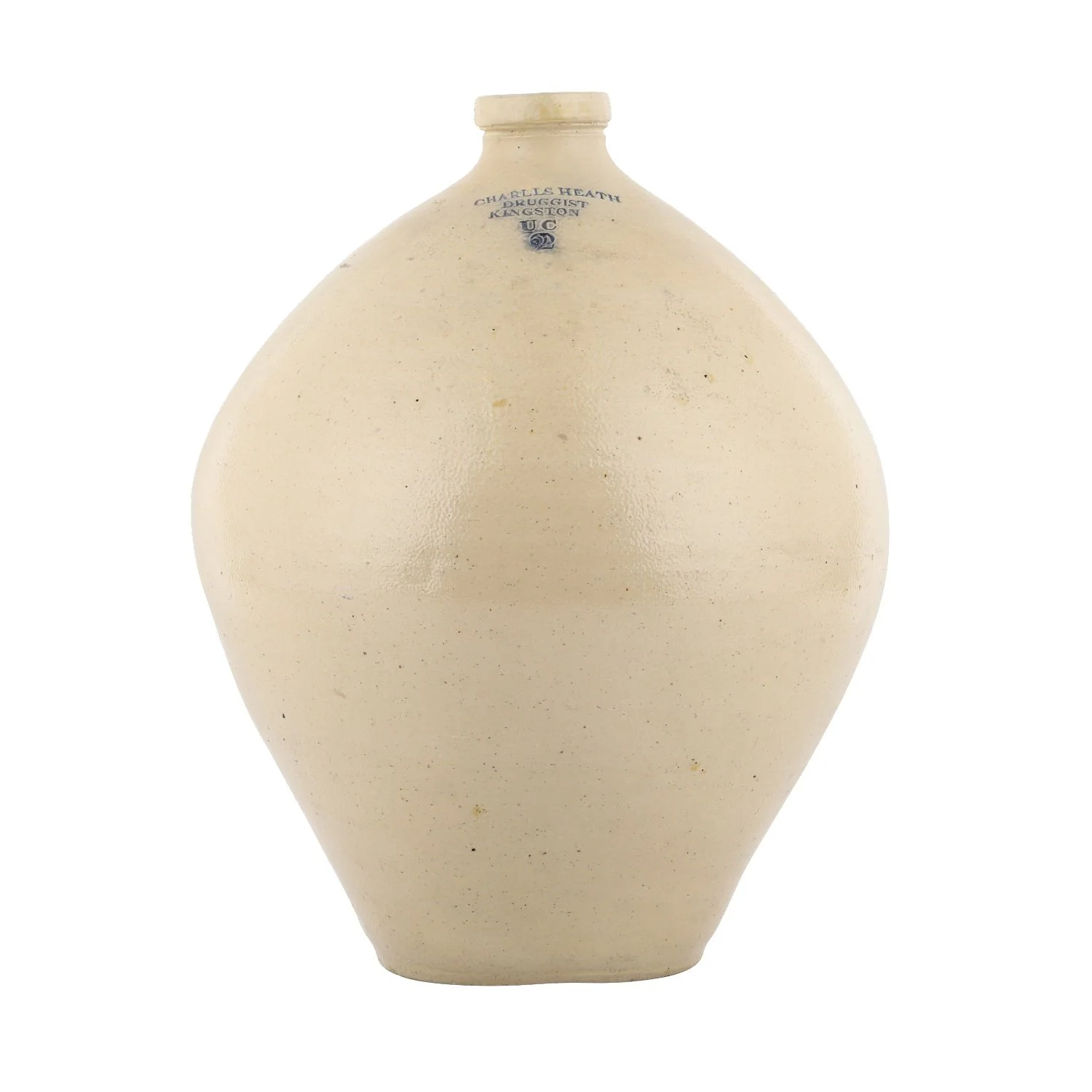 Rare two-gallon salt-glazed jug for Charles Heath Druggist in Kingston, Upper Canada, an early and desirable ovoid jug made in the 1830s, 14 inches tall, restored (est. CA$4,425). 