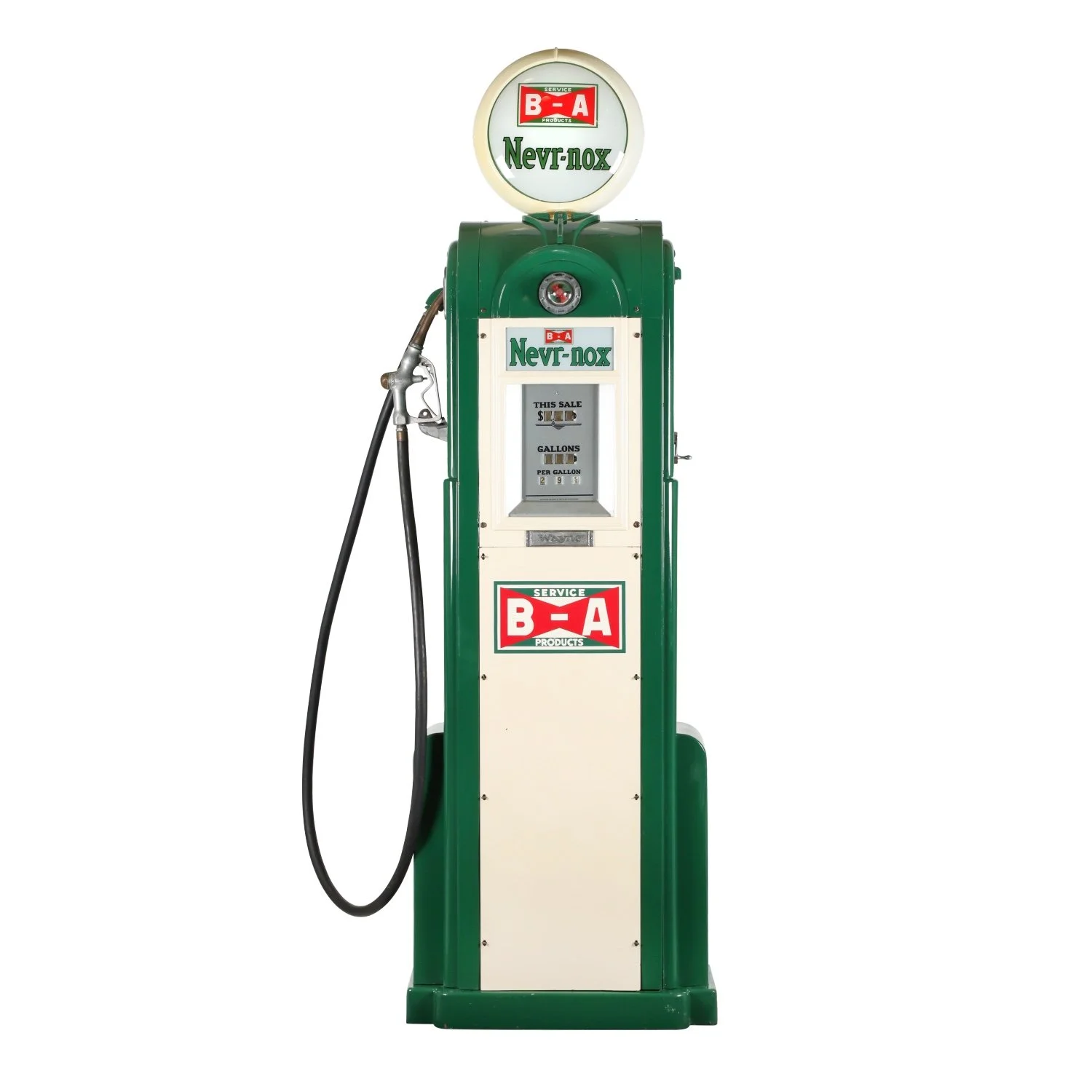 Canadian 1930s Wayne Model 65 B-A gasoline pump, painted steel with applied decals, the original reverse painted ad glass and an Art Deco “skyscraper” design. (est. CA$5,000-$7,000).