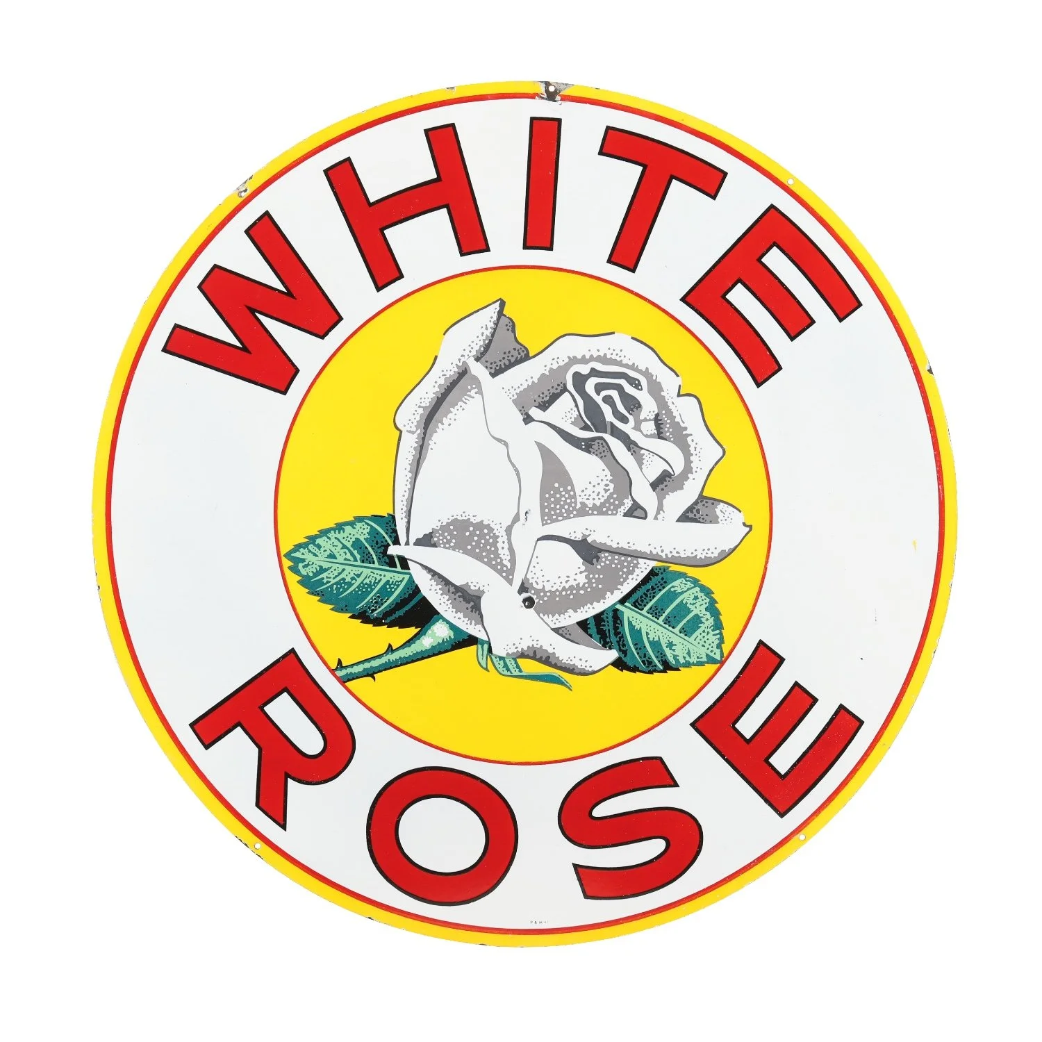 White Rose Gasoline single-sided porcelain service station sign (Canadian, 1940s), 36 inches in diameter and exhibiting great color and gloss (CA$20,060).