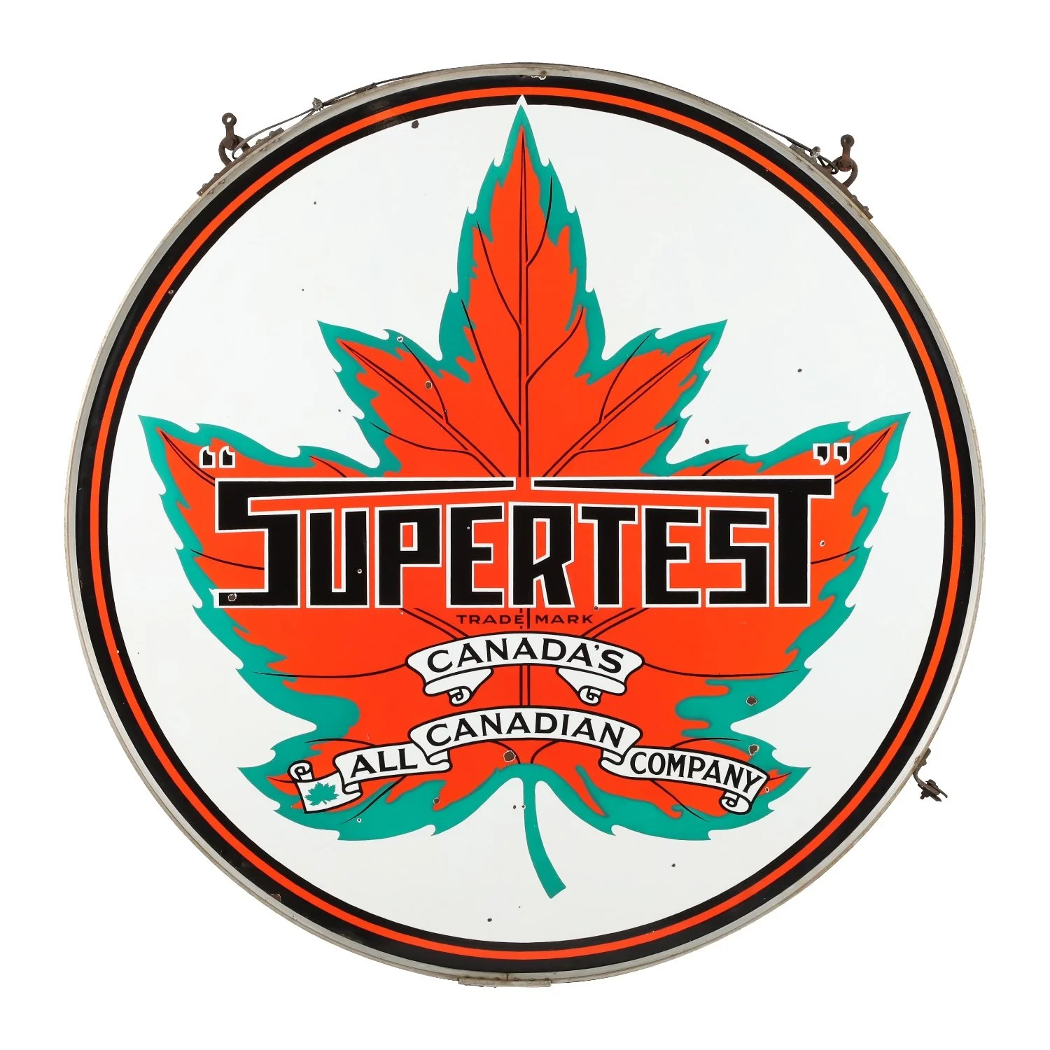 Supertest Gasoline double-sided porcelain sign, five feet in diameter and contained in the aluminum frame and hardware, made in Canada in the 1940s (CA$18,880).
