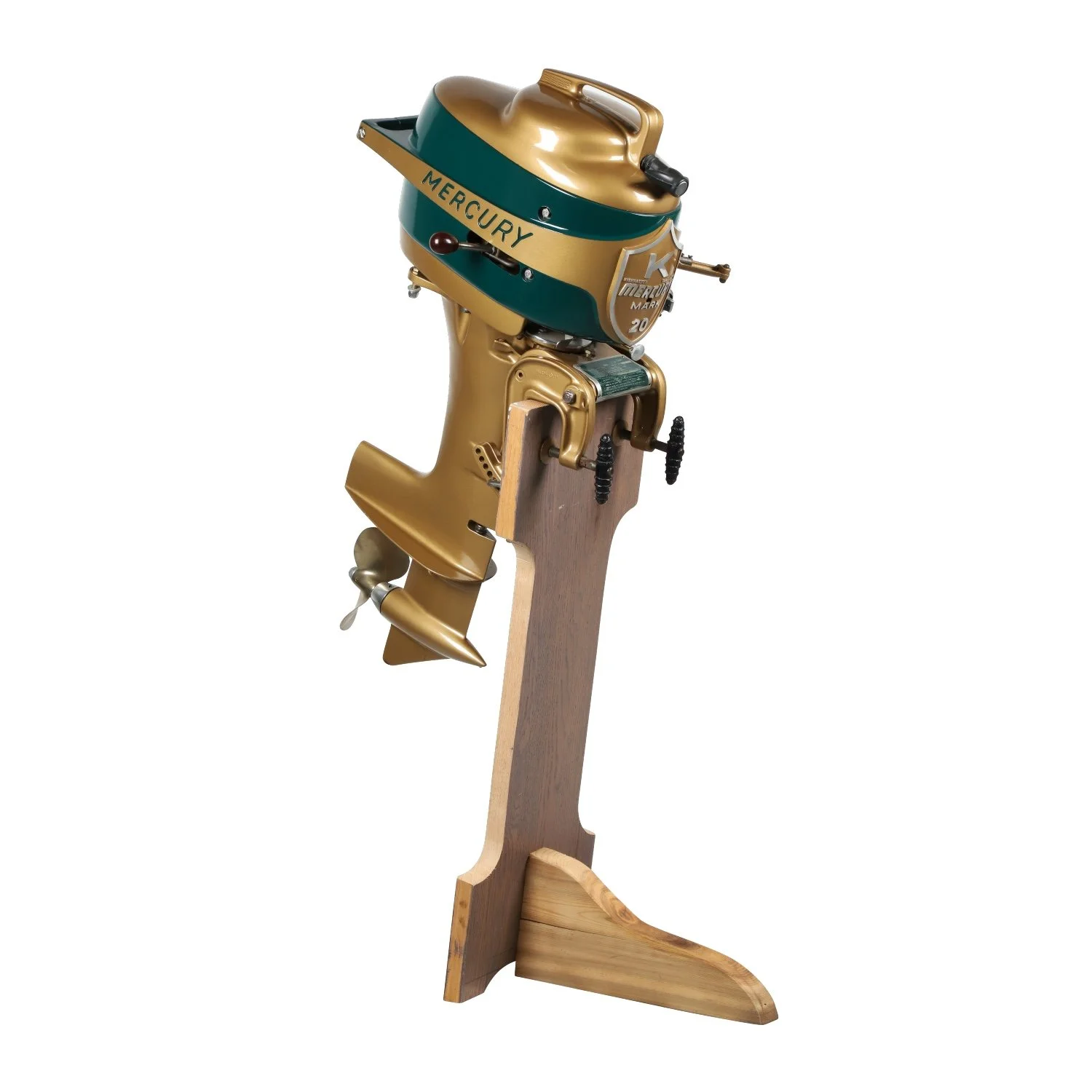 American 1950s 16 hp Mercury Mark 20 racing boat motor with Quickie Prop lower unit – the holy grail for collectors, with a low serial number (CA$8,850).