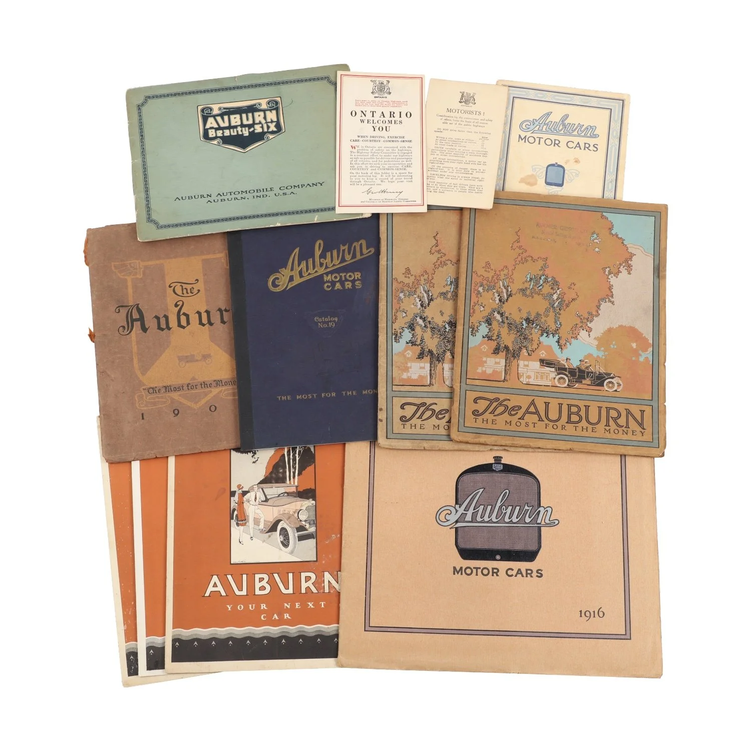 Group of early Auburn automobile sales brochures, made in America in the 1900s and 1910s (est. CA$700-$900).