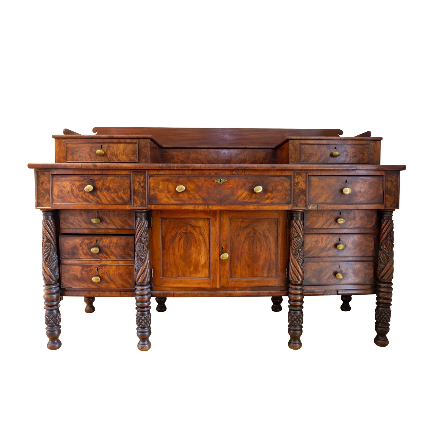 Circa 1830 step-back New Brunswick mahogany and pine secondary sideboard with shaped gallery, with a rich old historic finish, nine drawers, 77 inches wide (est. CA$6,000-$8,000).