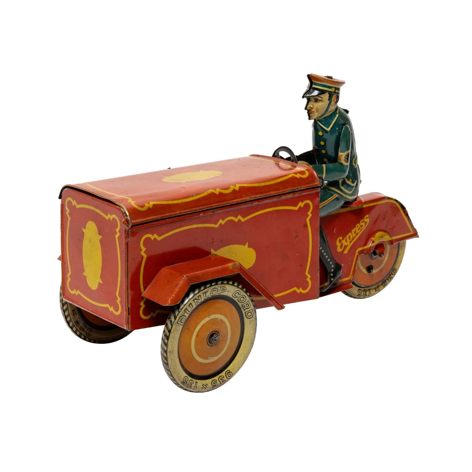 German 1930s lithographed tin delivery cart by Saalheimer &amp; Strauss, in very good condition, marked “Made in Germany” on the body, “Dunlop Cord” on the wheels (est. CA$2,000-$2,500).