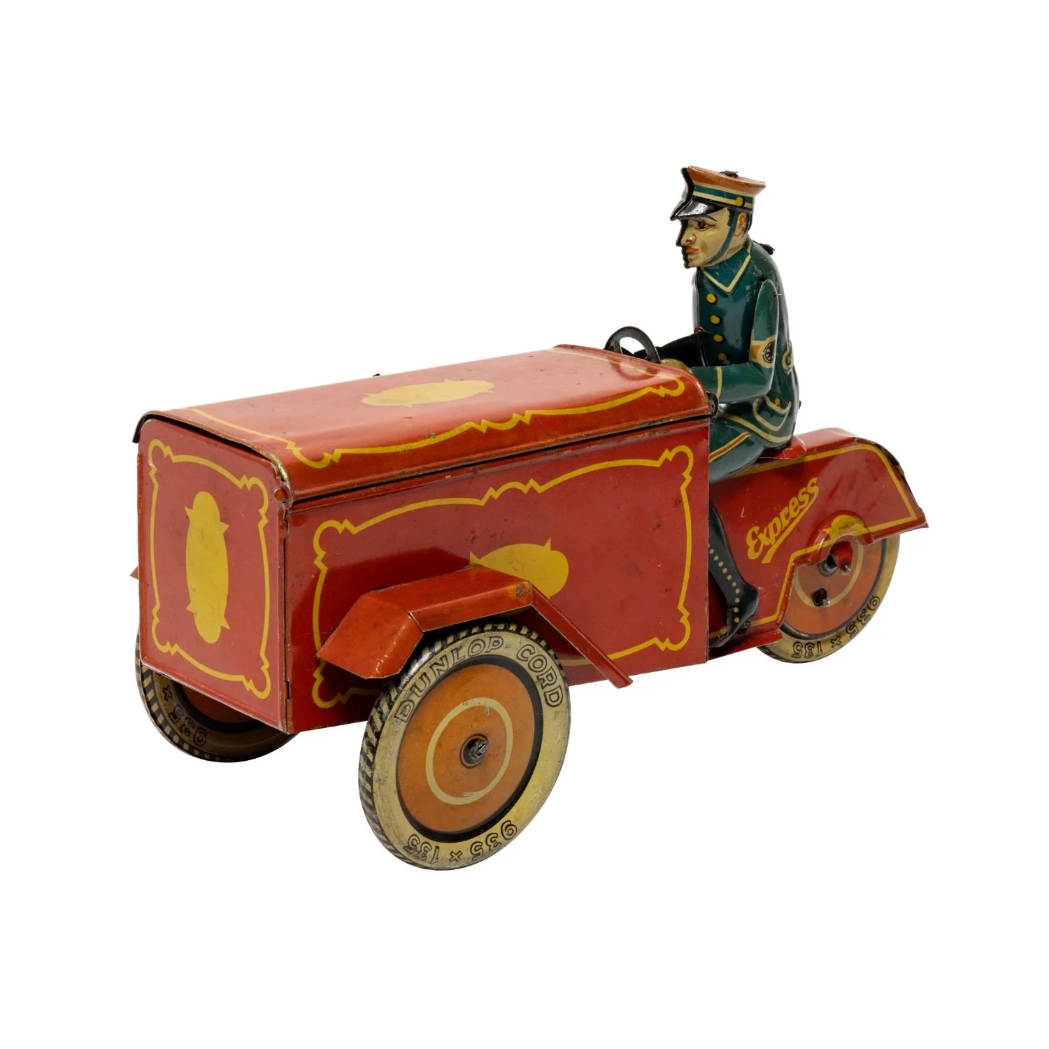 German 1930s lithographed tin delivery cart by Saalheimer &amp; Strauss, in very good condition, marked “Made in Germany” on the body, “Dunlop Cord” on the wheels (CA$18,880).