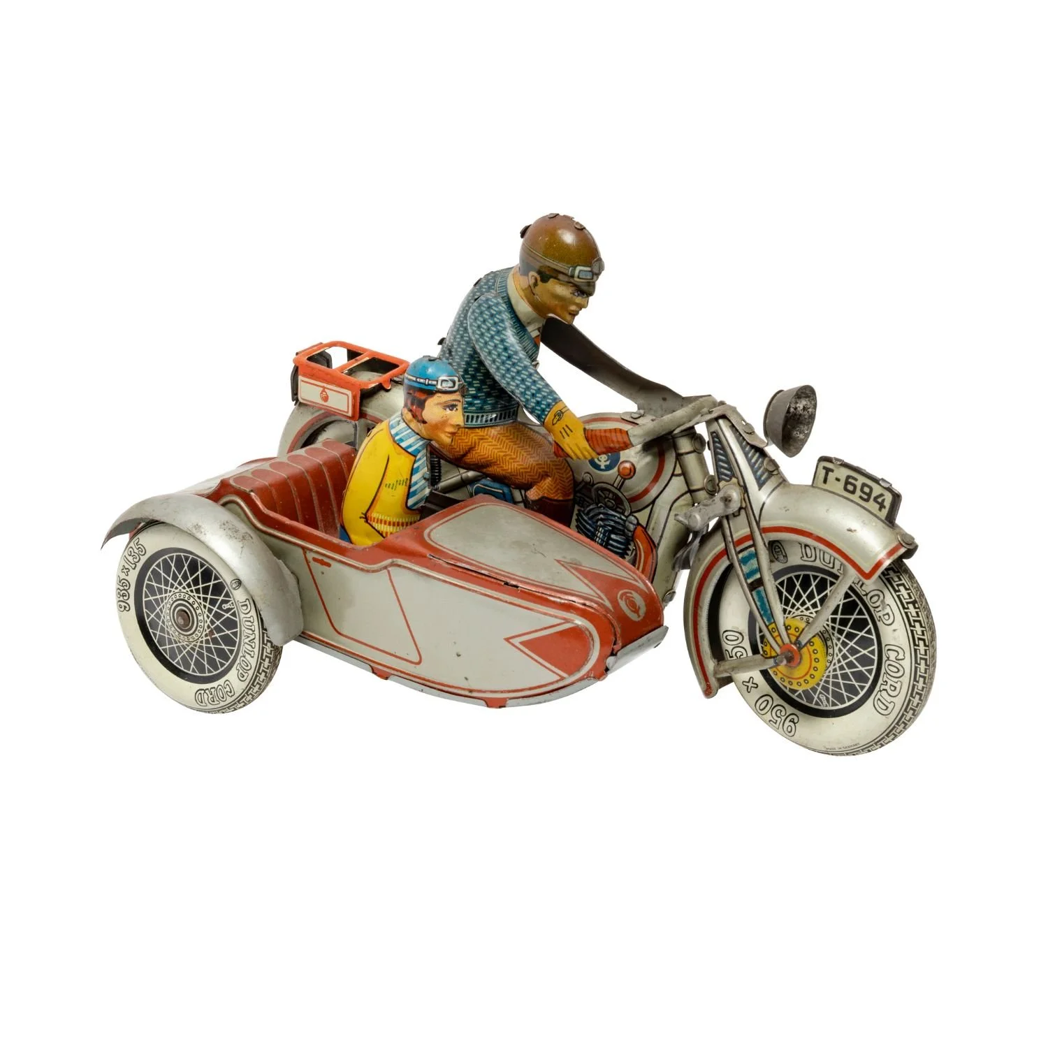 German 1930s lithographed tin T-694 toy motorcycle with sidecar, made by Tipp &amp; Co., a great display piece with excellent gloss and color, tested and working (CA$15,340). 