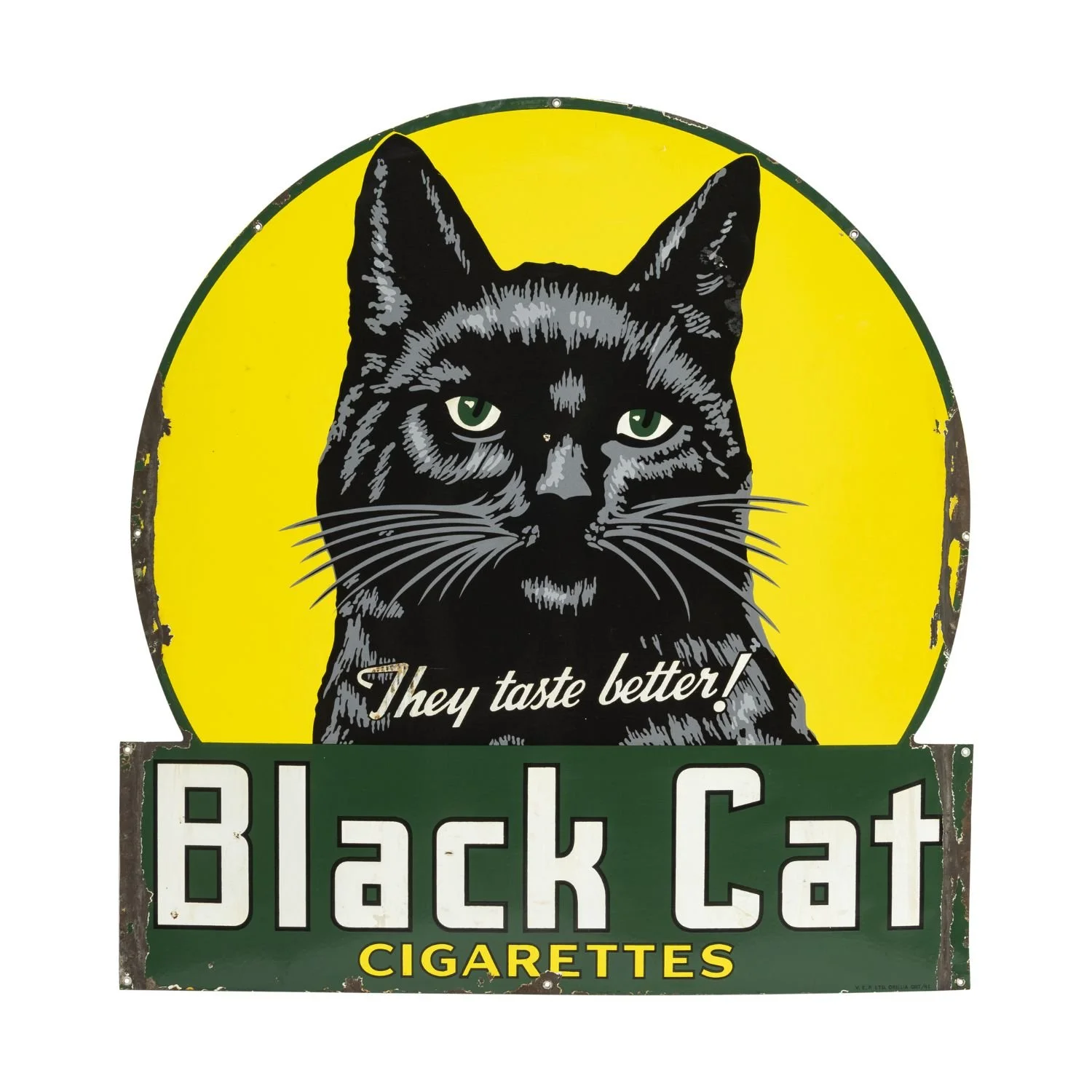 Canadian 1945 single-sided porcelain sign for Black Cat Cigarettes, 49 ¾ inches by 47 ½ inches, considered one of the best signs in Canadian advertising sign history (est. CA$12,000-$15,000).