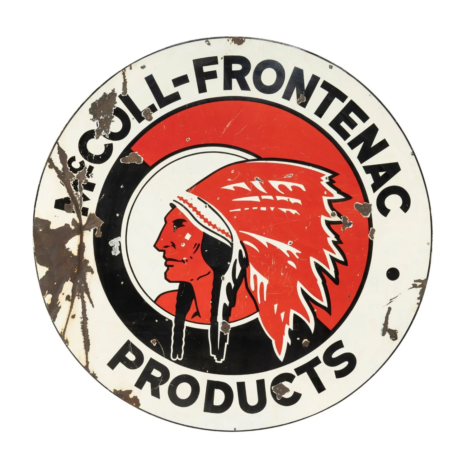 Canadian 1940s double-sided porcelain service station sign for McColl-Frontenac, 6 feet in diameter, graded 6.0 on one side, 6.5 on the other, with condition issues (est.CA$7,500-$9,000).