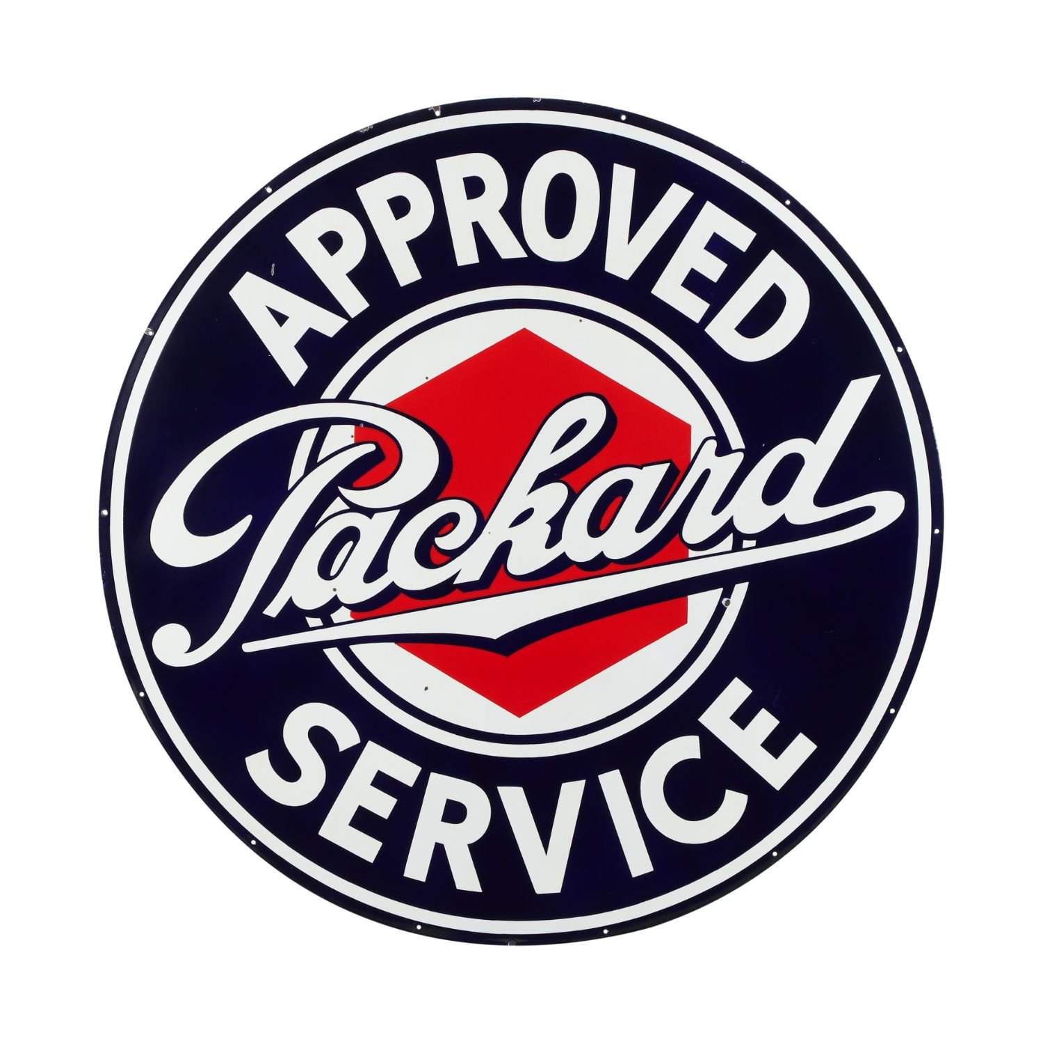 American 1930s Packard (“Approved Service”) double-sided porcelain automotive dealer sign, measuring a stout 60 inches in diameter, graded 8.5/8.75, in very good condition (CA$10,030).