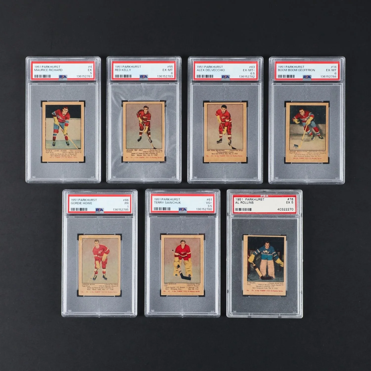 Lot #133 – Complete 1951–1952 Parkhurst Hockey set featuring Gordie Howe and Maurice Richard rookie cards. Estimate: CA$12,000–$16,000.
