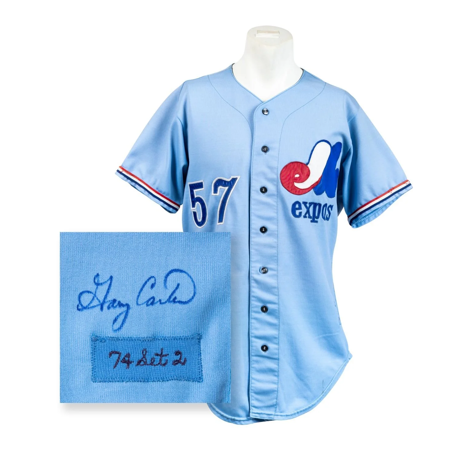Lot #62 – Game-worn and signed 1974 Montreal Expos away jersey from Gary Carter’s rookie season. Estimate: CA$10,000–$20,000.