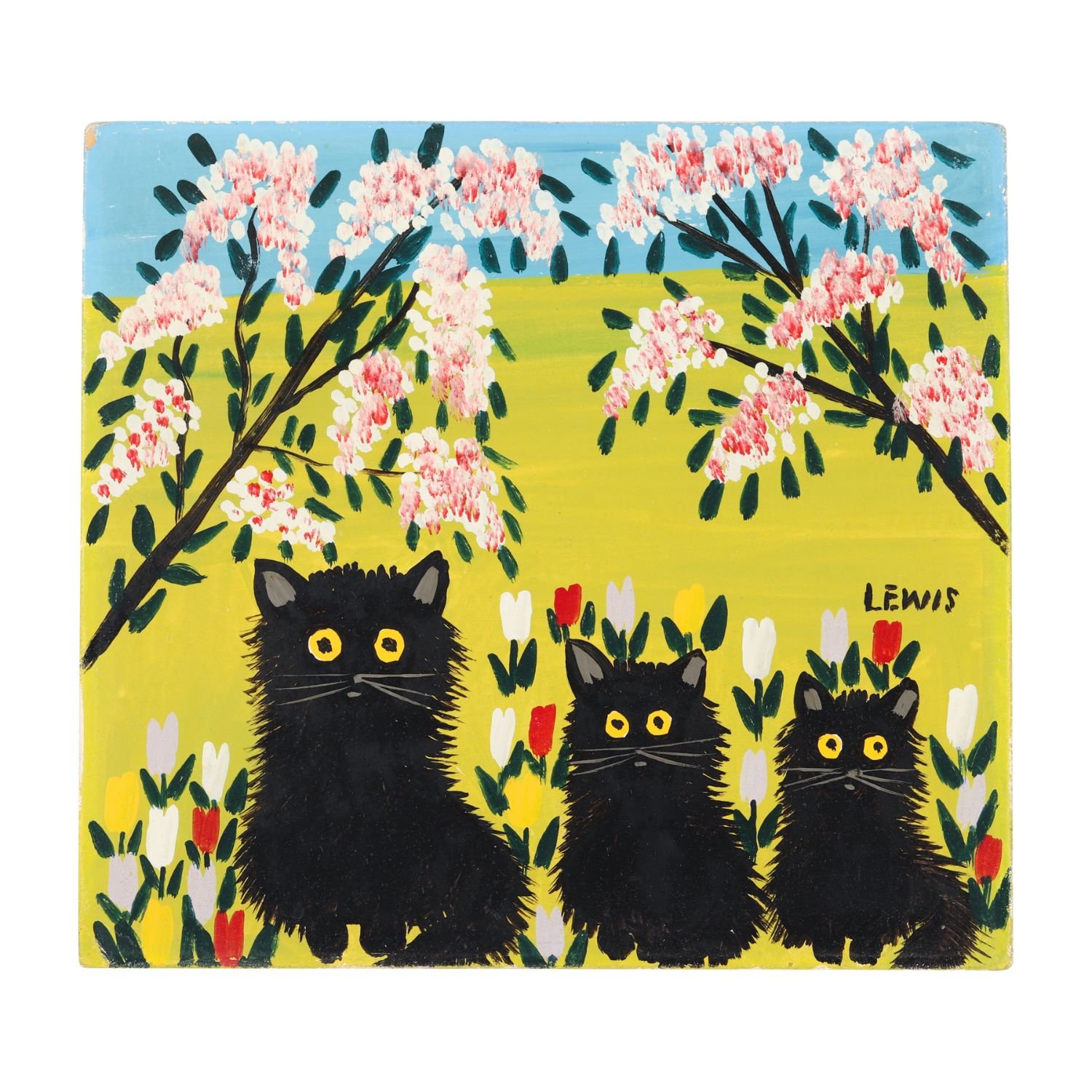 Lot 48 – Maud Lewis, Three Black Cats. Iconic mid-1960s serial image featuring Lewis’s most celebrated subject. Estimate: $30,000–$35,000 (Canadian).