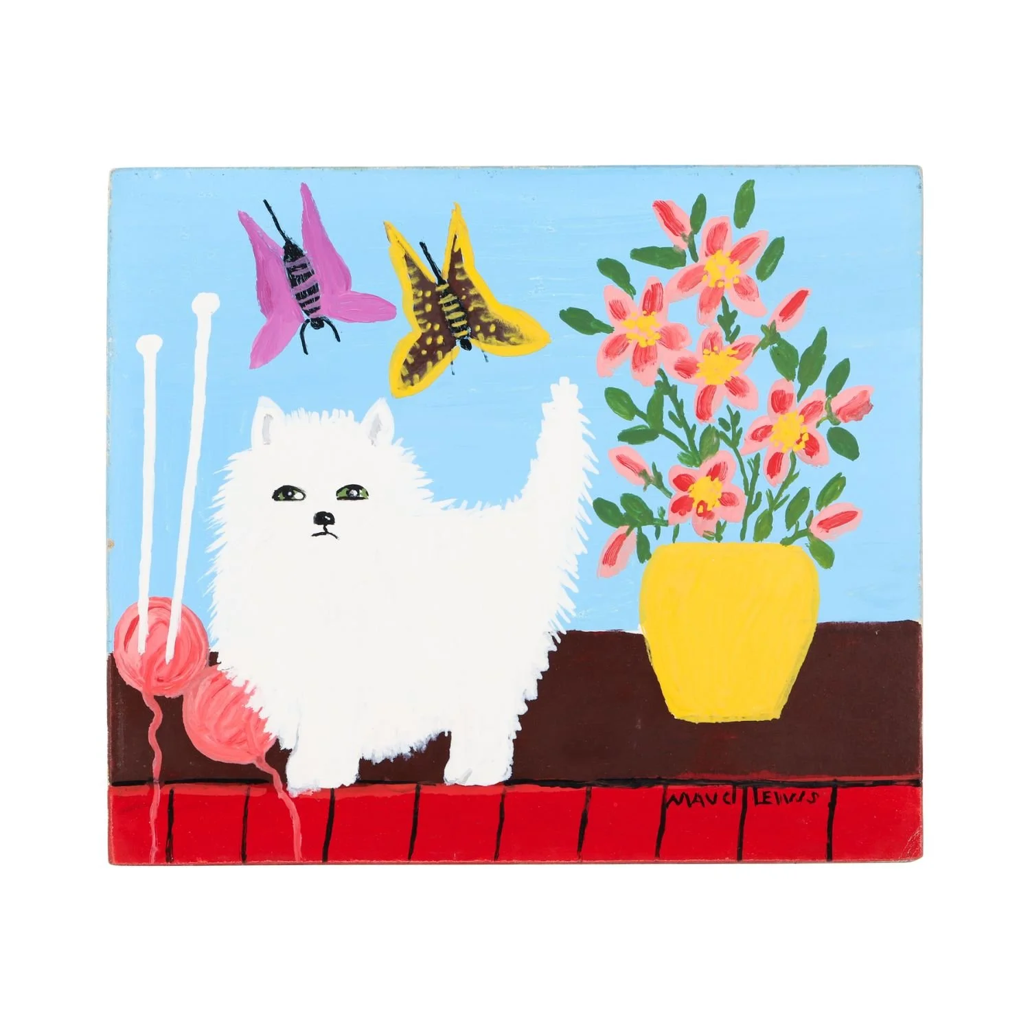 Lot 49 – Maud Lewis, Fluffy White Cat with Yarn, Butterflies, Flowers. Whimsical 1967 composition with exceptional colour and detail. Estimate: $20,000–$25,000 (Canadian).