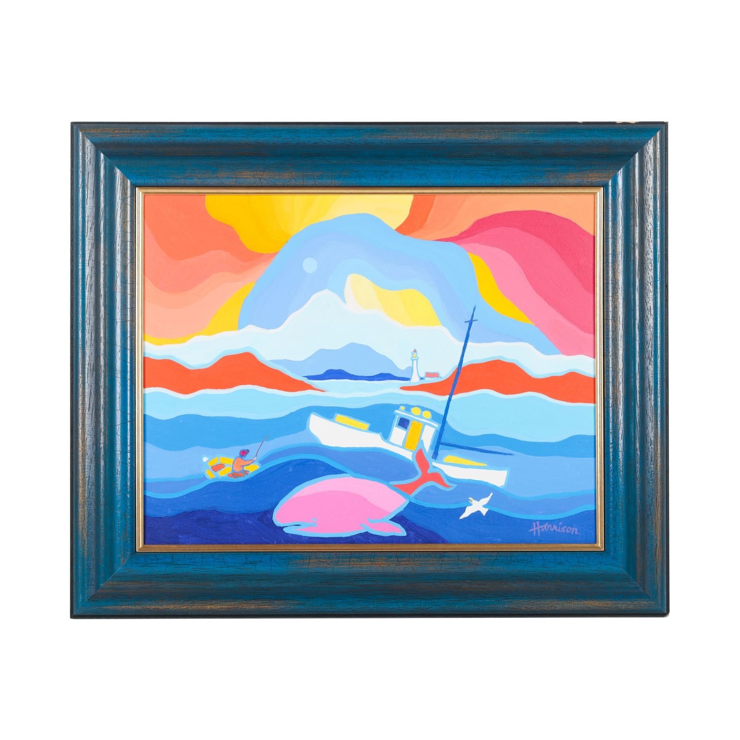 Lot 34 – Ted Harrison, Over the Waves. Bold Yukon-inspired acrylic with fisherman, schooner, and whale. Estimate: $12,000–$15,000 (Canadian).