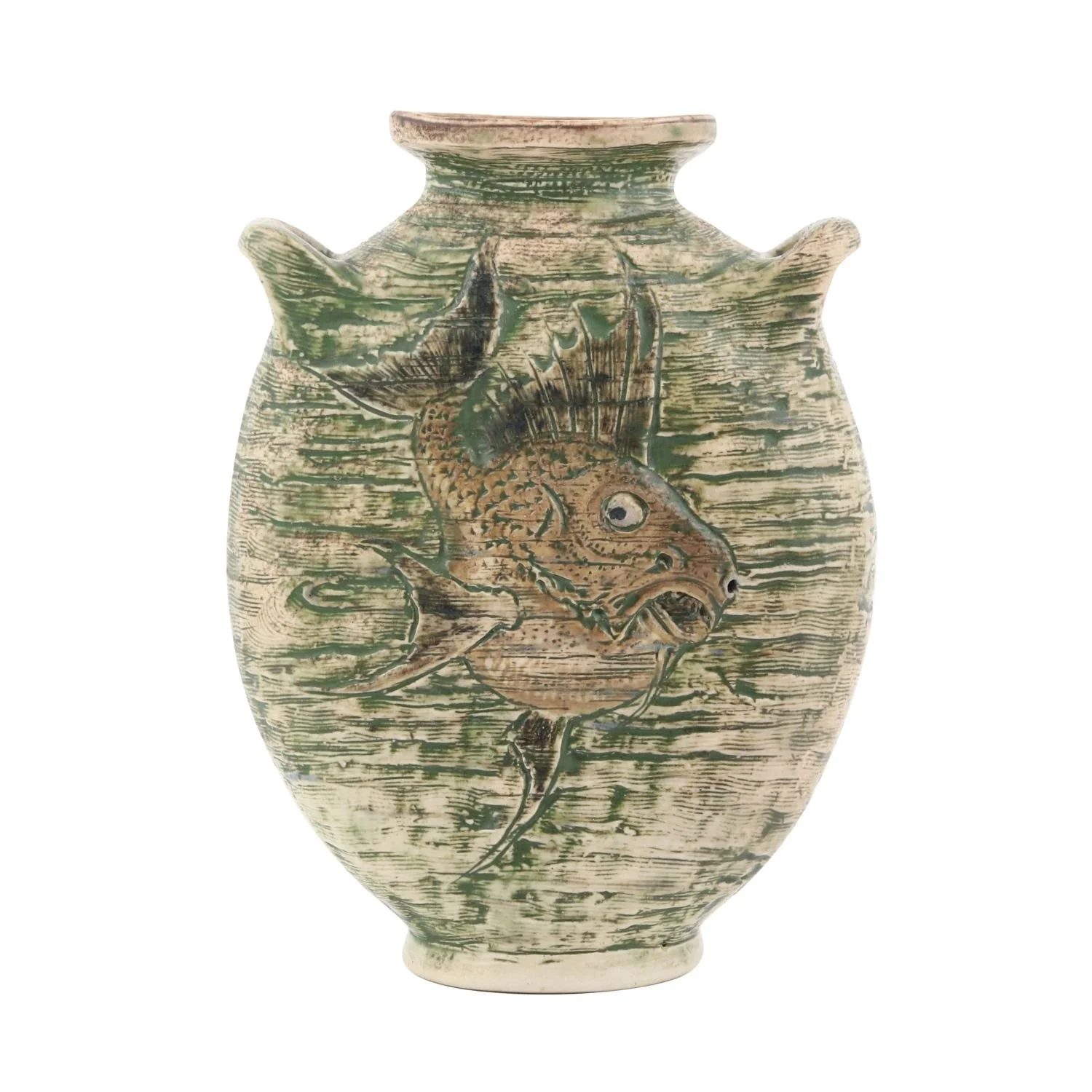 Lot 4 – Martin Brothers Handled Fish Vase: British, 1905. Stoneware decorated with a pair of grotesque fish in full etched texture, 7″ x 5.5″ x 2″. Estimate: CA$3,500–$5,000.