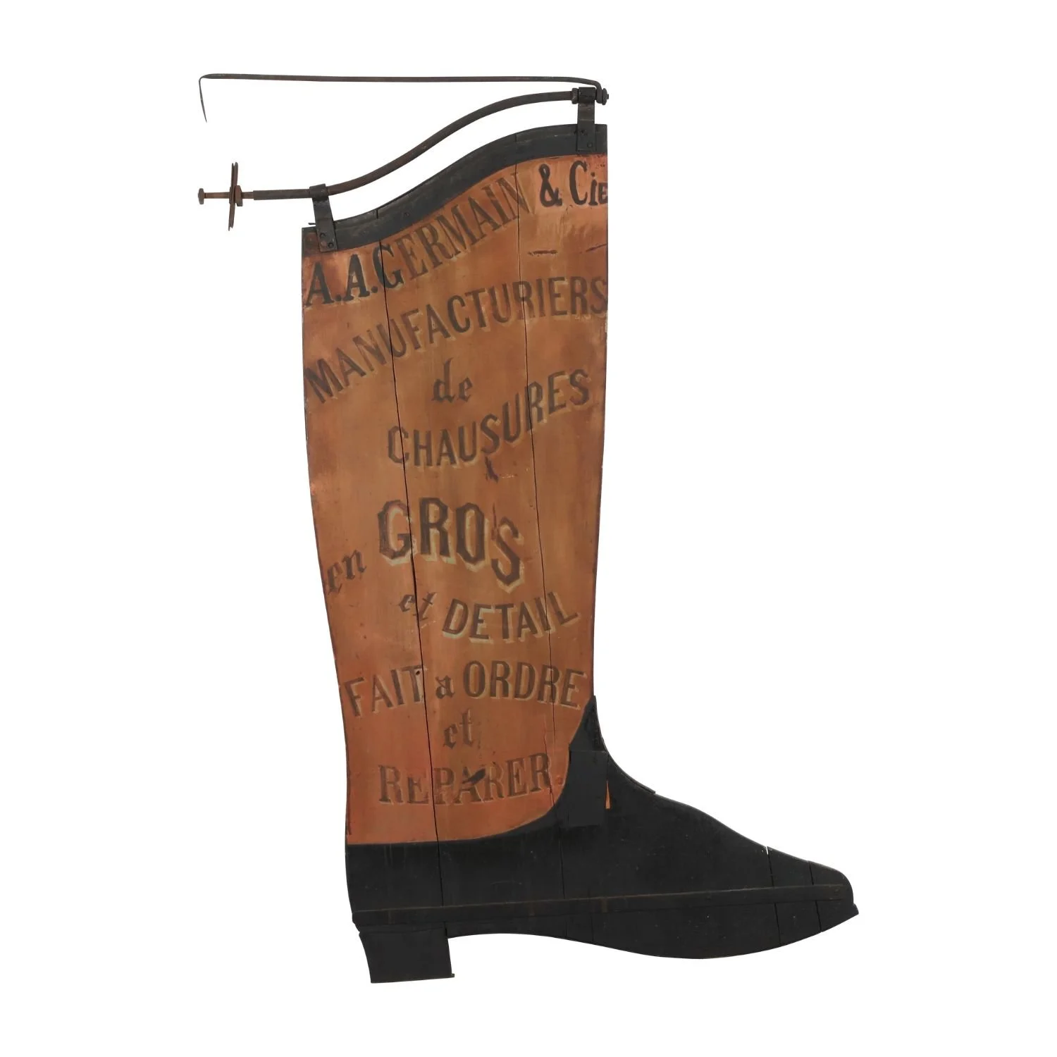 Lot 219 – A.A. Germain &amp; Cie Quebec Wooden Figural Boot Trade Sign. Large 19th-century Quebec trade sign with original bracket, coral and black paint. Estimate: $5,000–$8,000 (Canadian).