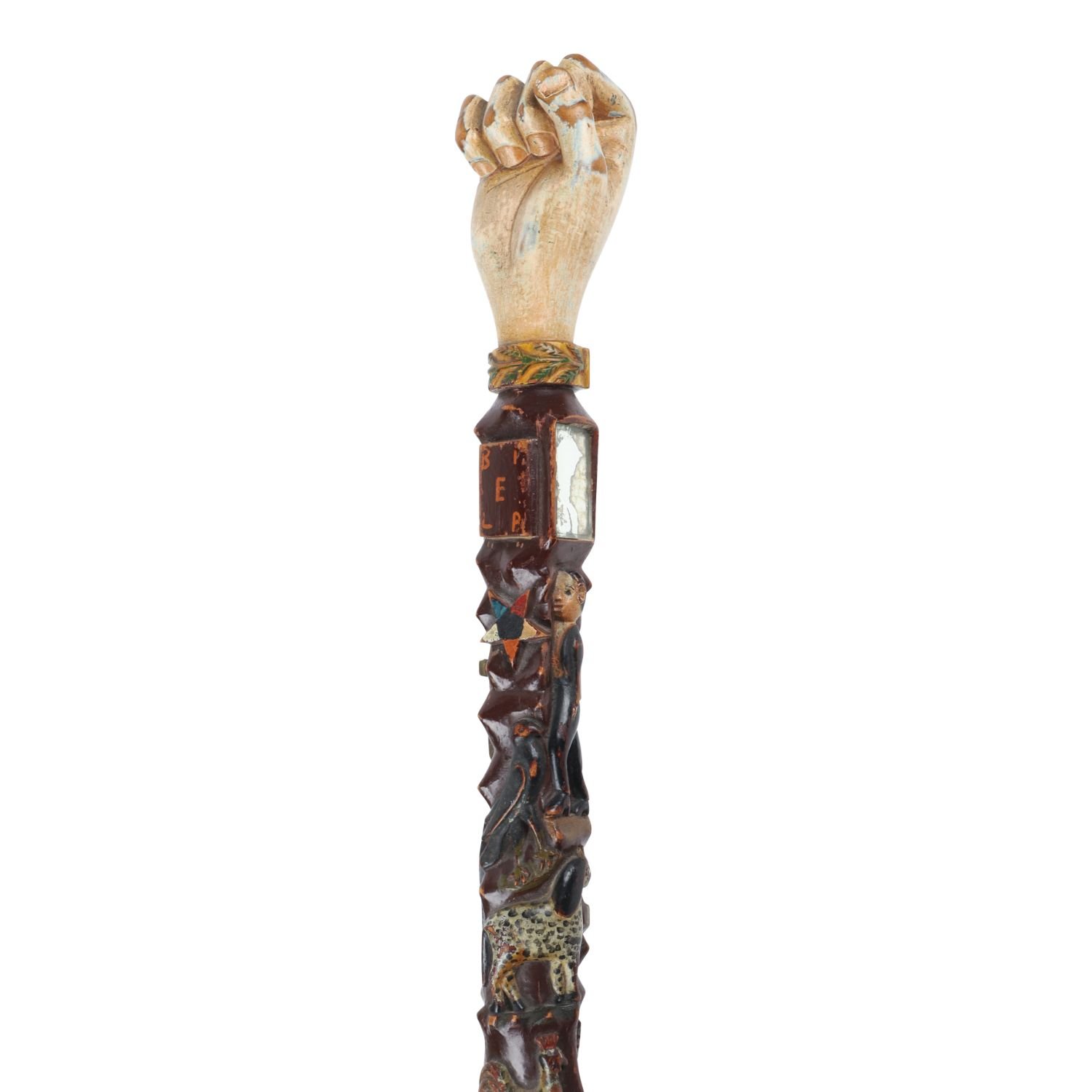 Lot 240 – Polychromed Masonic Walking Stick. Carved walking stick with detailed Masonic symbolism, Ontario, 1890. Estimate: $7,000–$9,000 (Canadian).