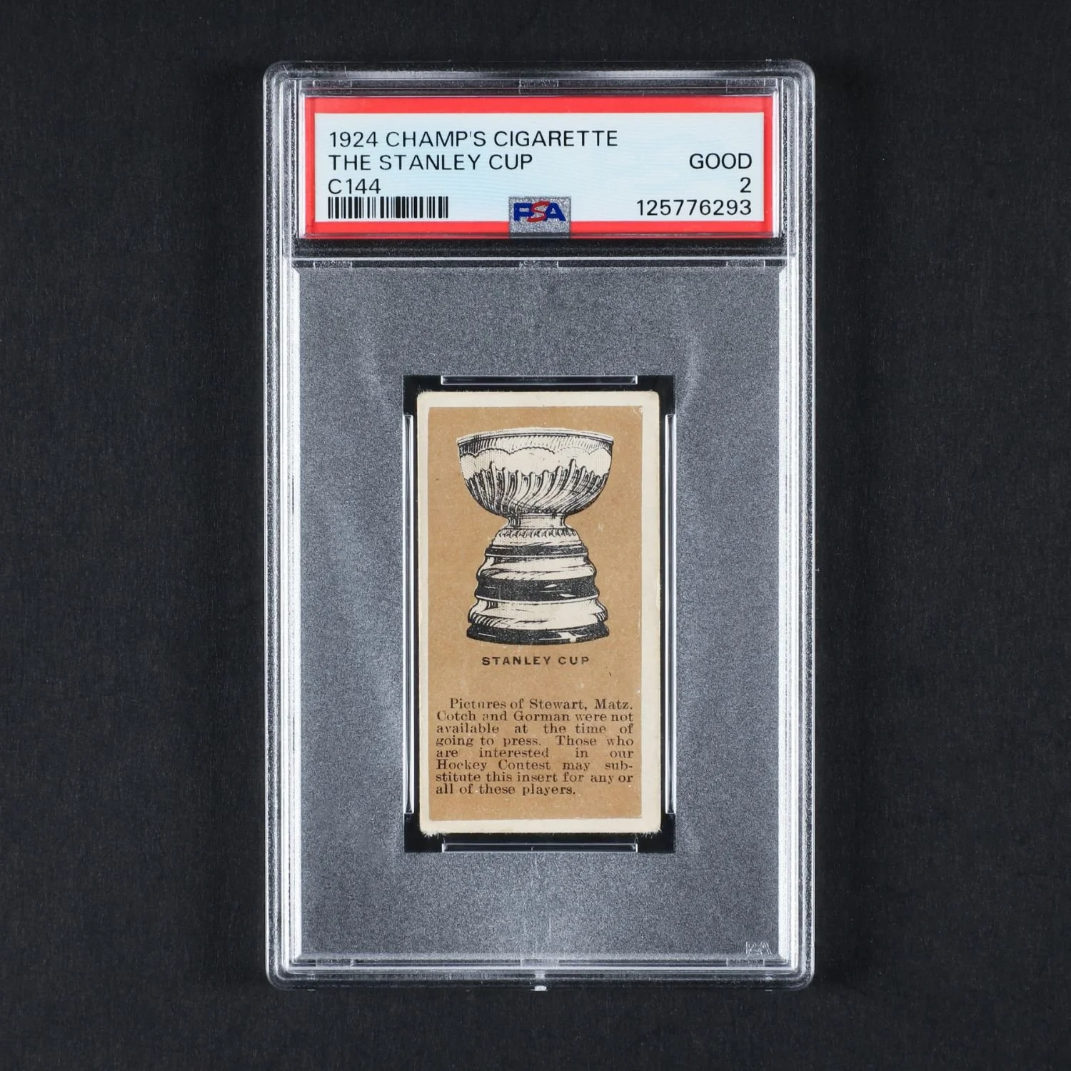 Lot 124: Rare 1924 Champ’s “Stanley Cup” hockey card, graded PSA 2 Good, the first known appearance of the Cup on a trading card (CA$32,670).