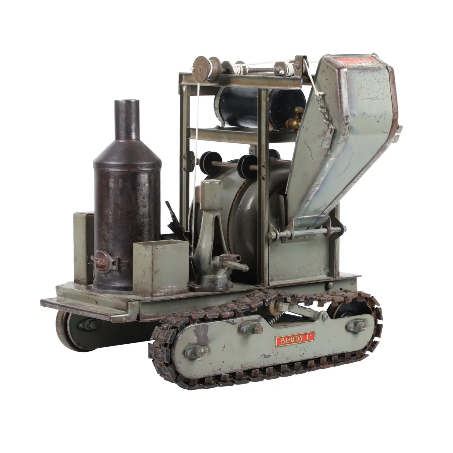 1920s Buddy “L” pressed steel concrete mixer with original decals and working crank (est. CA$1,500–$2,000).