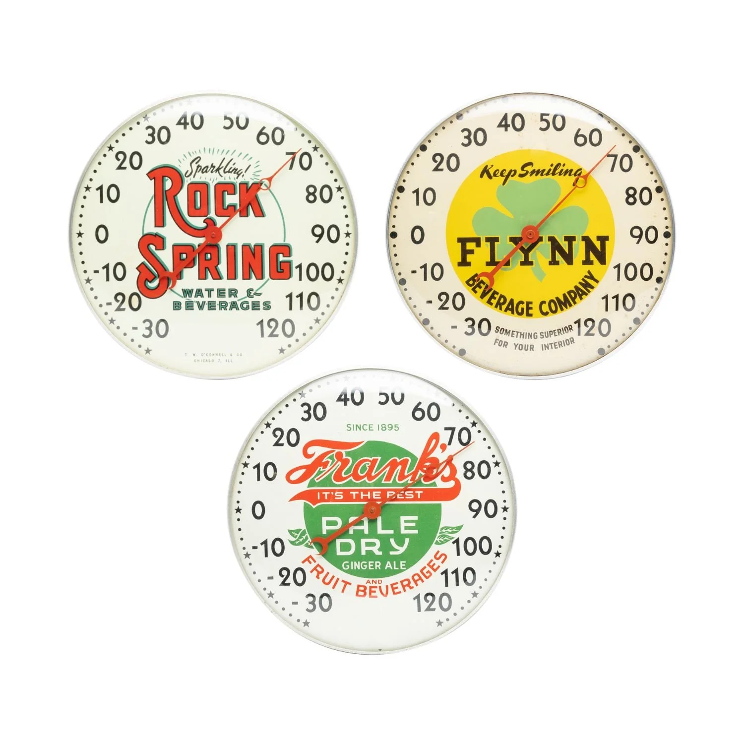 1960s reverse-painted glass soda thermometers including Rock Spring, Frank’s, and Flynn Beverages. Estimate: CA$600–$900.