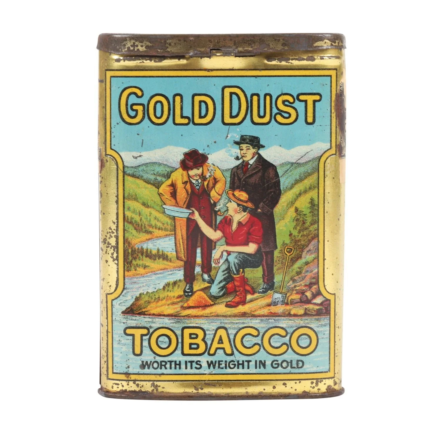 Gold Dust Pocket Tin: Curved Canadian pocket tin with vibrant prospector imagery. Estimate: CA$3,500–$5,000.