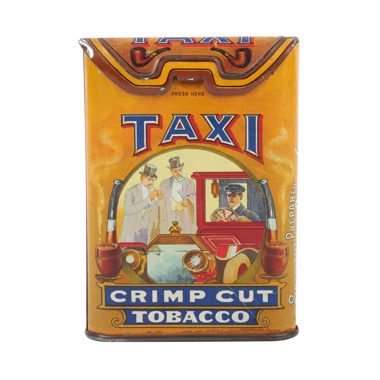 Taxi Tobacco Pocket Tin: Rare Canadian 1910s lithographed tin with iconic graphics. Estimate: CA$3,500–$5,000.