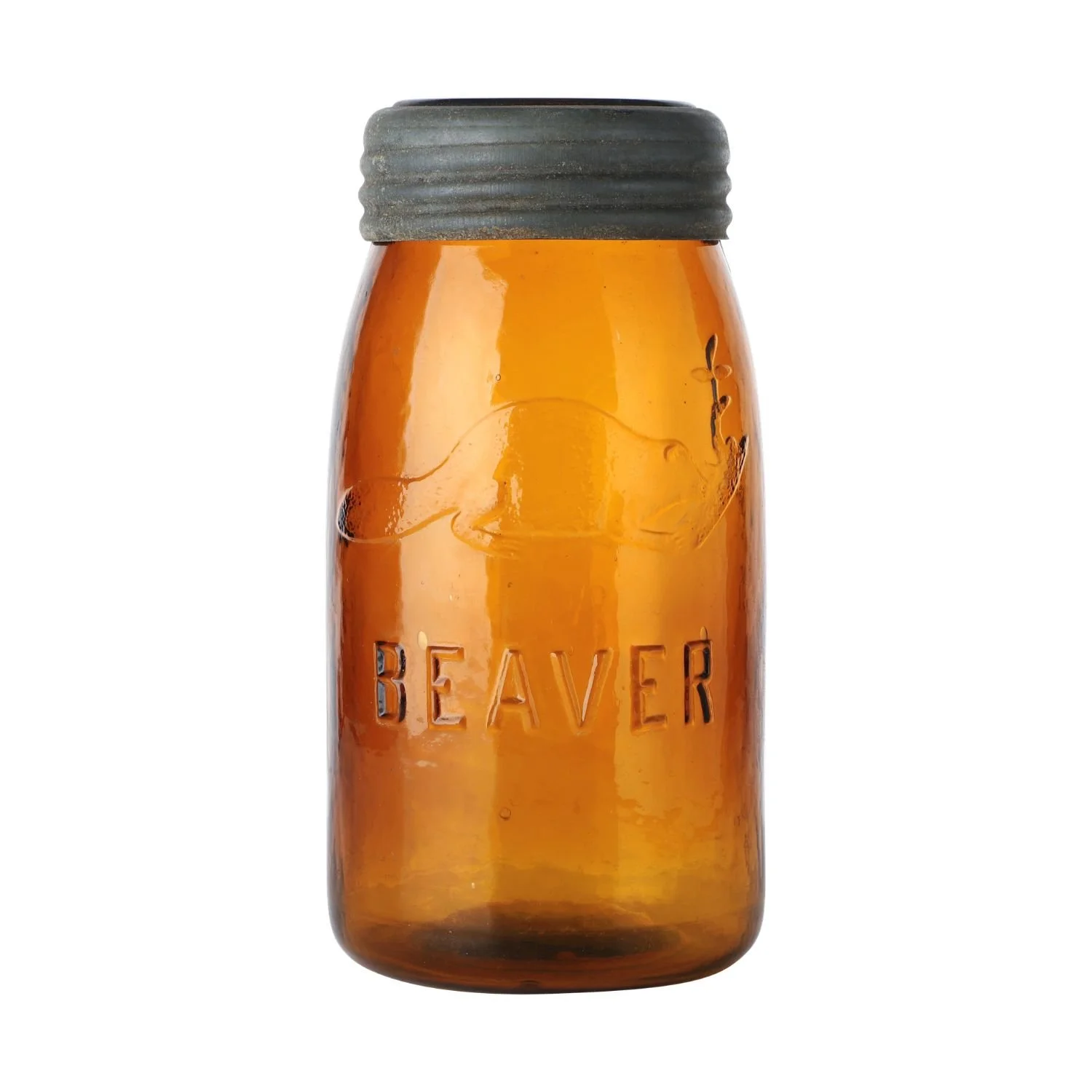Amber Beaver Quart Fruit Jar: Canadian, 1880–1900, rich deep amber glass with correct lid; brought CA$7,260.