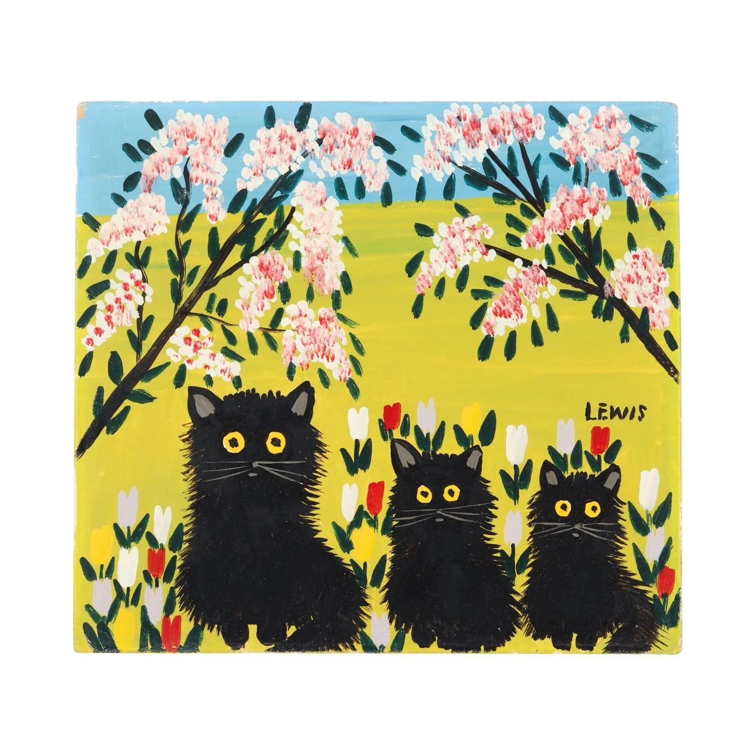 Maud Lewis, Three Black Cats. Iconic mid-1960s serial image purchased directly from the artist; realized CA$66,550.