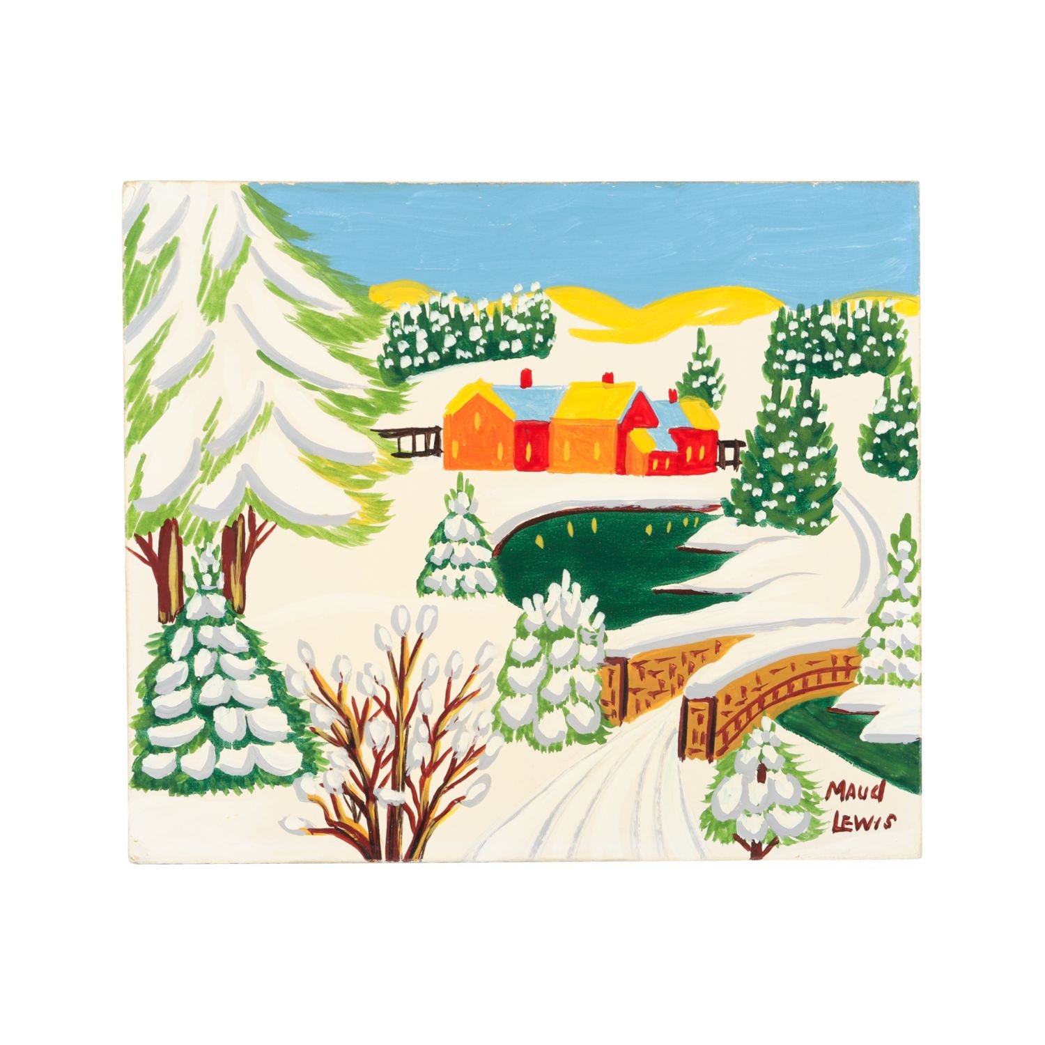 Maud Lewis, Stone Bridge in Winter. Rare winter serial image from 1966, offered from the original purchaser’s estate; CA$33,880.