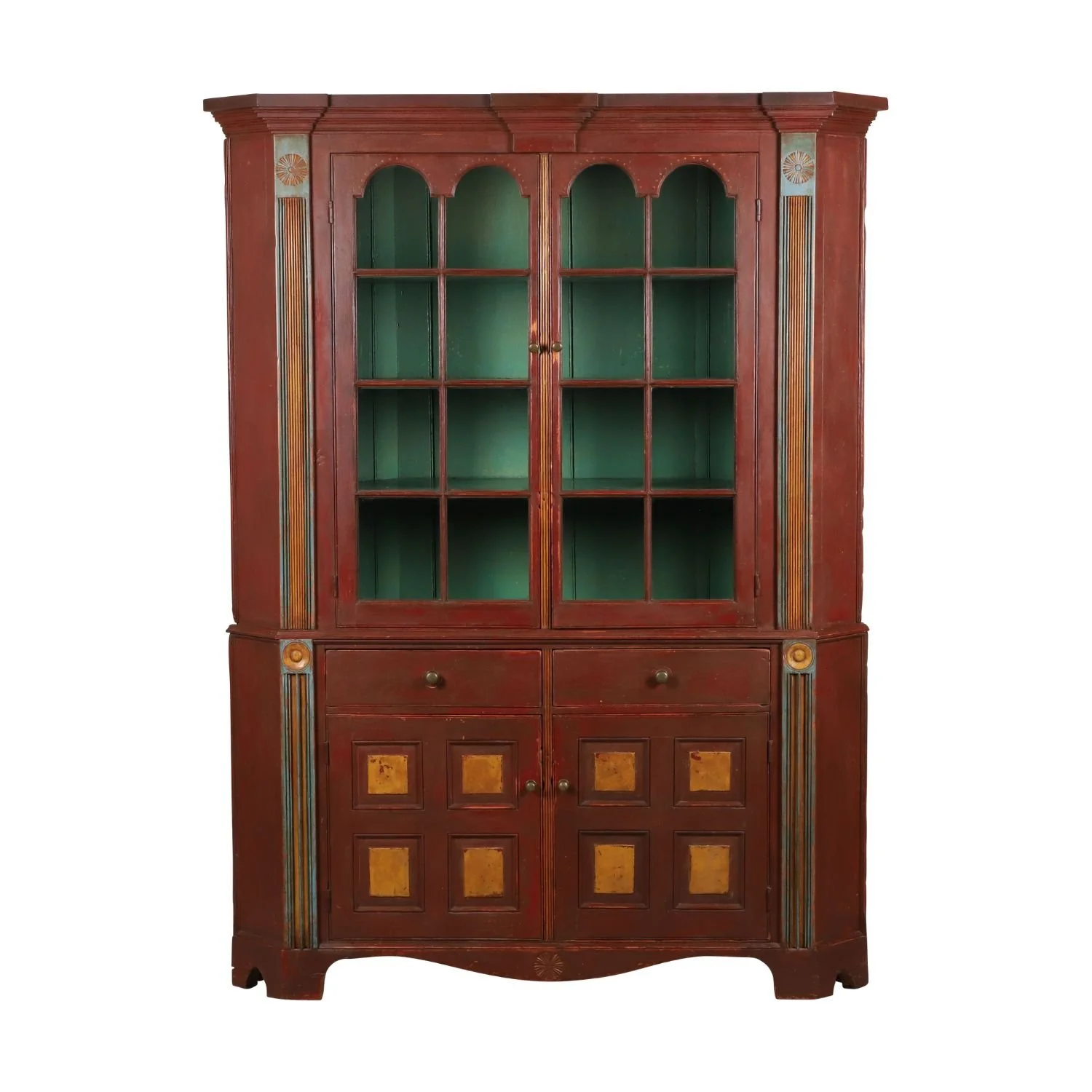 Waterloo County Corner Cupboard. Neoclassical-inspired glazed corner cupboard in original paint, Ontario, 2nd quarter 19th century (CA$14,520).